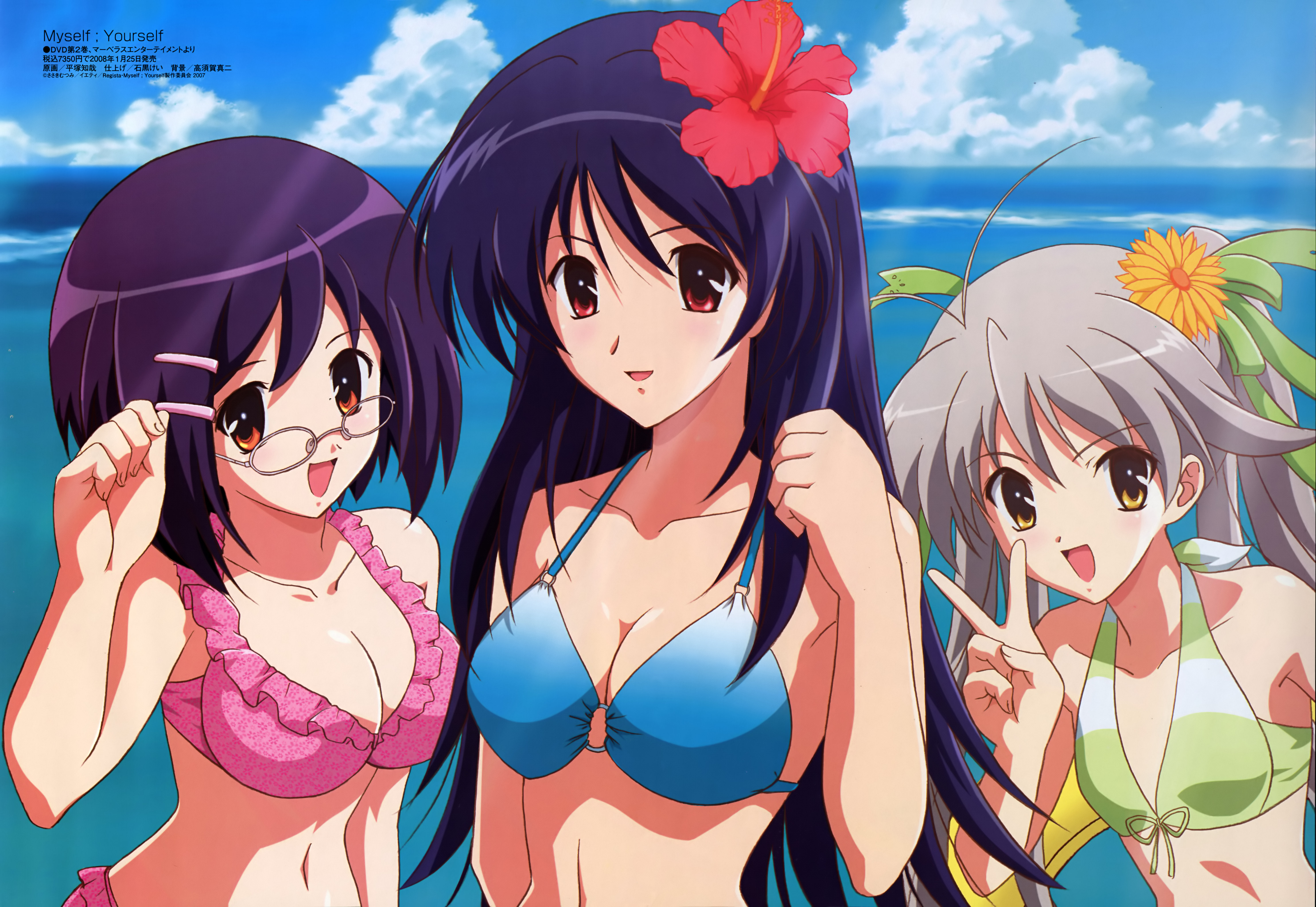hiratsuka tomoya, mochida hinako, oribe aoi, yatsushiro nanaka, myself yourself, silver hair, absurdres, highres, official art, scan, 00s, 3girls, antenna hair, bikini, blue hair, breasts, cleavage, flat chest, flower, frilled bikini, frills, glasses, hair ornament, hairclip, hibiscus, large breasts, long hair, medium breasts, multiple girls, ocean, open mouth, orange eyes, outdoors, peace symbol, purple hair, red eyes, short hair, swimsuit, twintails, v, water, yellow eyes