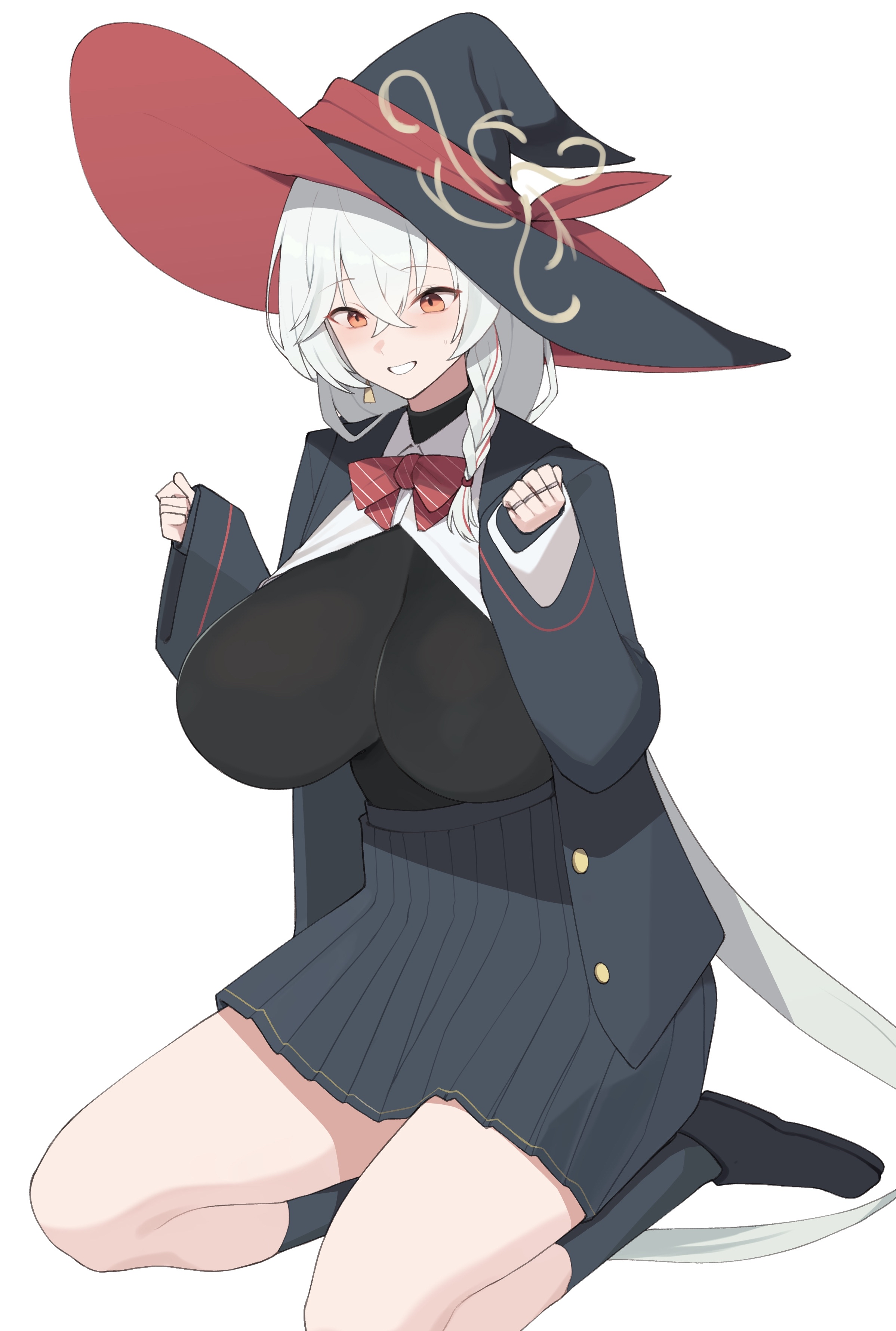 kurowanjjyang, eri (blue archive), blue archive, absurdres, commentary, highres, 1girl, black hat, black jacket, black shoes, black skirt, bow, bowtie, braid, breasts, crossed bangs, diagonal-striped bow, diagonal-striped bowtie, diagonal-striped clothes, gold trim, hair between eyes, halo, hat, hat ribbon, jacket, jewelry, kneehighs, large breasts, long hair, long sleeves, looking at viewer, multicolored hair, multiple rings, open clothes, open jacket, open shirt, orange eyes, parted lips, pleated skirt, red bow, red bowtie, red ribbon, red streaks, red trim, ribbon, ring, seiza, shirt, shirt tucked in, shoes, side halo, simple background, single braid, sitting, skirt, sleeves past wrists, smile, socks, solo, streaked hair, striped bow, striped bowtie, striped clothes, thighs, two-sided fabric, two-sided headwear, unbuttoned jacket, very long hair, white background, white hair, white shirt, witch hat, yellow halo
