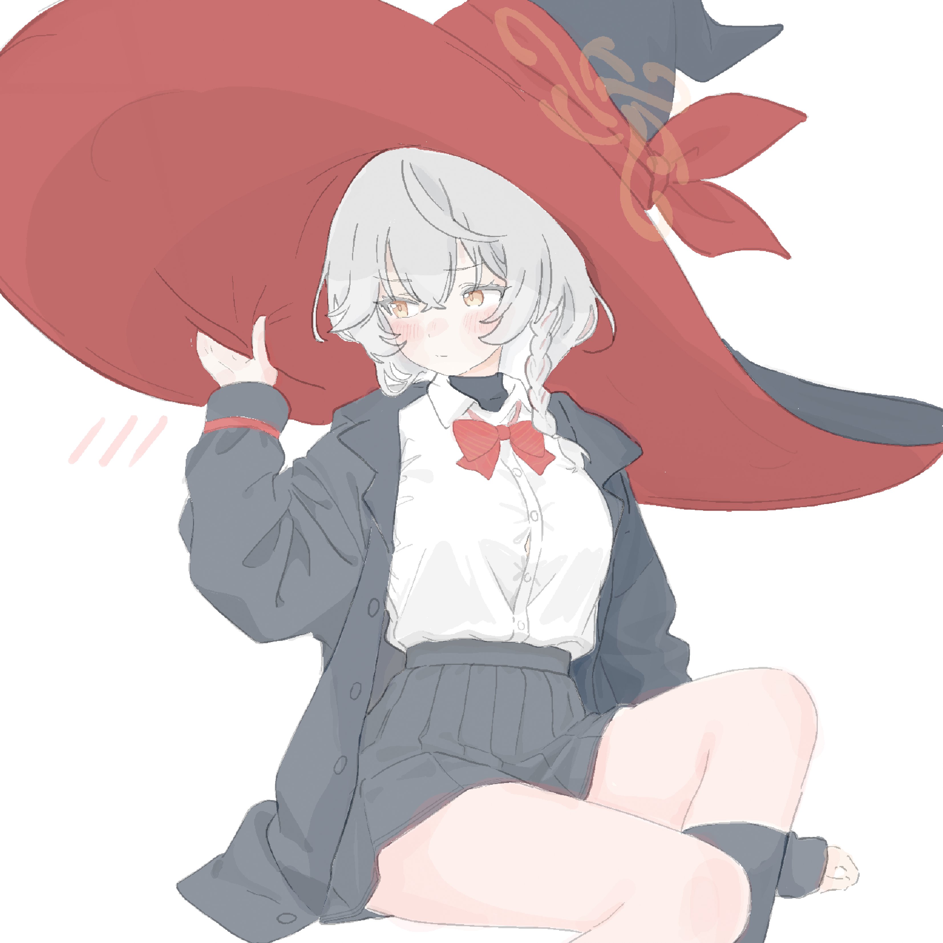 makotan art, eri (blue archive), blue archive, absurdres, highres, 1girl, black hat, black jacket, blush, bow, bowtie, crossed bangs, halo, hat, hat ribbon, hood, hooded jacket, jacket, kneehighs, open clothes, open jacket, orange eyes, oversized hat, red bow, red bowtie, red ribbon, ribbon, school uniform, shirt, simple background, sitting, skirt, socks, solo, white background, white hair, white shirt, witch, witch hat, worried, yellow halo