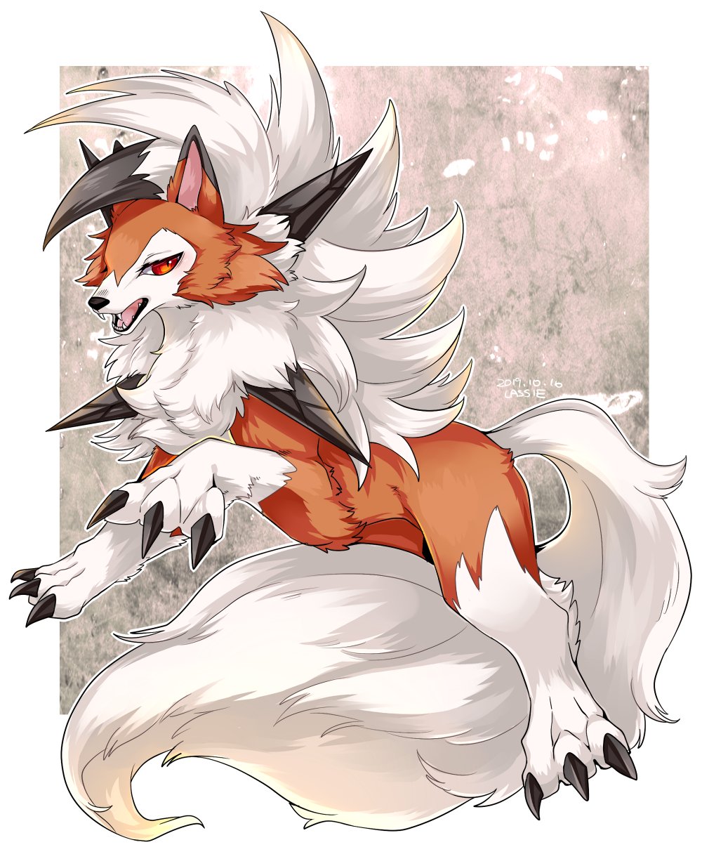 lassie, lycanroc, lycanroc (dusk), nintendo, pokemon, highres, animal focus, claws, fangs, full body, gen 7 pokemon, looking at viewer, no humans, open mouth, orange eyes, orange fur, pokemon (creature), pokemon focus, red eyes, tail, teeth, wolf