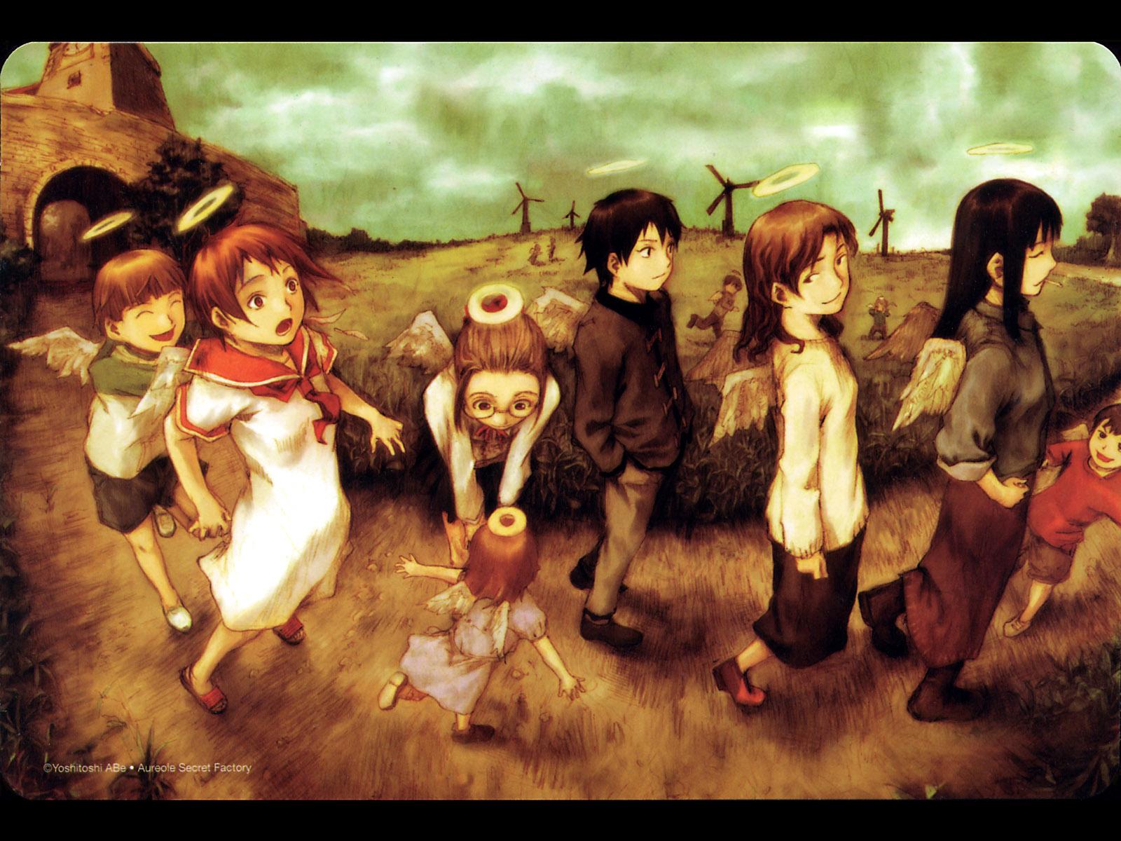 abe yoshitoshi, hikari (haibane), kana, kana (haibane), kuu (haibane), nemu (haibane), rakka (haibane), rei (haibane renmei), reki (haibane), haibane renmei, highres, 00s, 2boys, 6+girls, :o, androgynous, angel wings, child, cigarette, english text, glasses, halo, letterboxed, multiple boys, multiple girls, raglan sleeves, reverse trap, school uniform, serafuku, skirt, sleeves rolled up, smile, smoking, surprised, toggles, traditional halo, wind turbine, windmill, wings