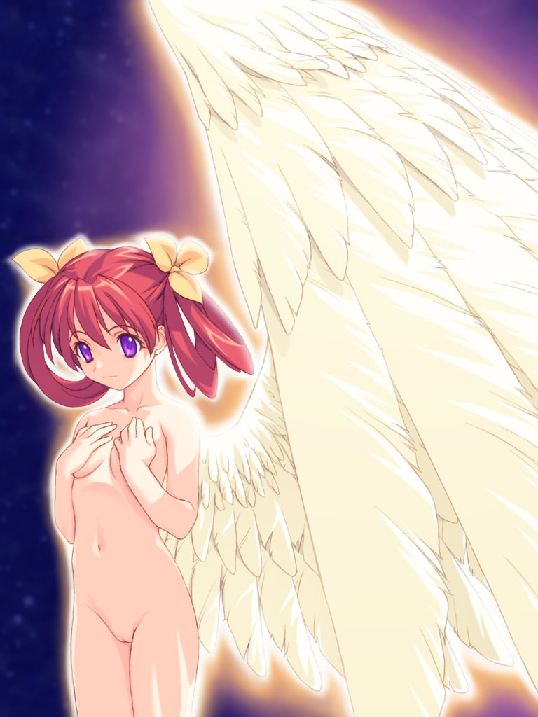 miyama amehiko, 1girl, angel, bow, cowboy shot, female focus, loli, nude, nude legend, purple eyes, pussy, red hair, solo, uncensored, wings