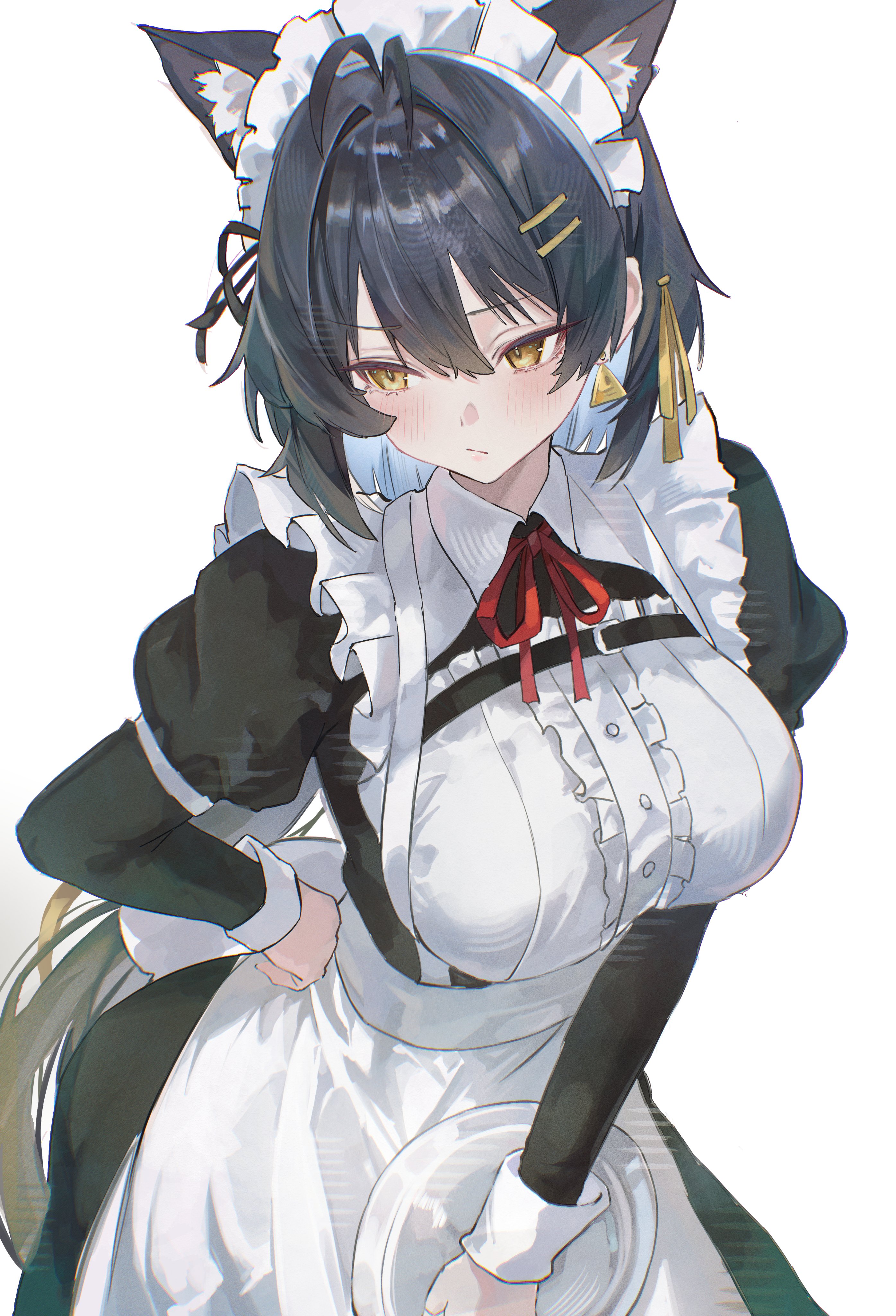 origonz, female rover (wuthering waves), rover (wuthering waves), wuthering waves, absurdres, commentary, english commentary, highres, 1girl, :/, alternate costume, animal ear fluff, animal ears, antenna hair, black dress, black hair, blush, breasts, cat ears, cat girl, center frills, closed mouth, colored inner hair, dress, earrings, enmaided, frills, hair between eyes, hair ornament, hair ribbon, hairclip, hand on own hip, holding, holding tray, jewelry, kemonomimi mode, large breasts, long hair, long sleeves, looking at another, maid, maid headdress, multicolored hair, parallel hairclips, ribbon, simple background, solo, tray, triangle earrings, very long hair, white background, white hair, yellow eyes, yellow ribbon