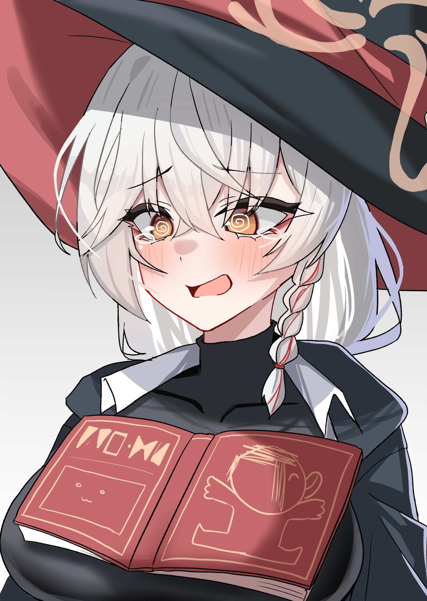 doodle sensei (blue archive), eri (blue archive), sensei (blue archive), blue archive, @ @, book, bow, bowtie, braid, collarbone, halo, hat, jacket, long coat, long hair, open clothes, open shirt, orange eyes, shirt, sweater, tears, white hair, witch hat