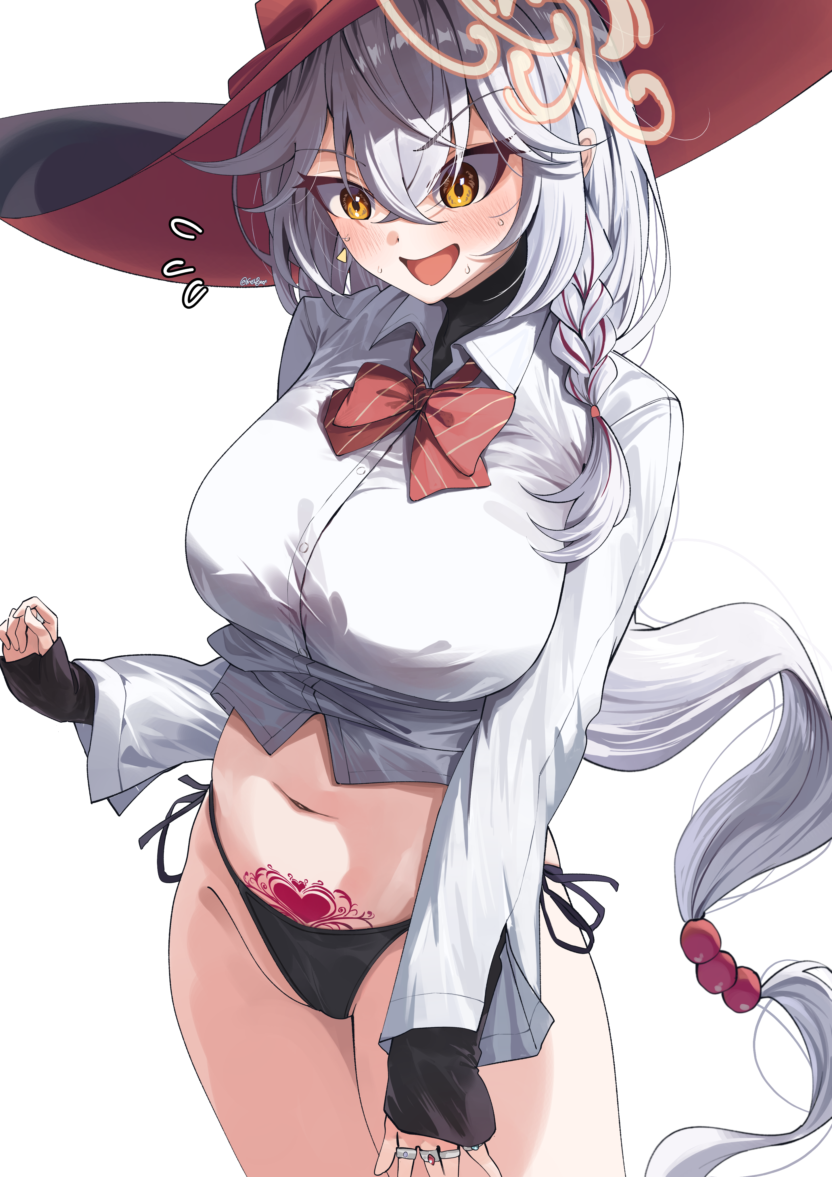 freshbeef, eri (blue archive), blue archive, black panties, blush, bow, bowtie, braid, breasts, clothes lift, earrings, halo, hat, jewelry, large breasts, long hair, orange eyes, panties, pubic tattoo, ring, shirt, shirt lift, side-tie panties, skirt, sleeves past wrists, sweatdrop, sweater, tattoo, thighs, underwear, white hair, witch hat