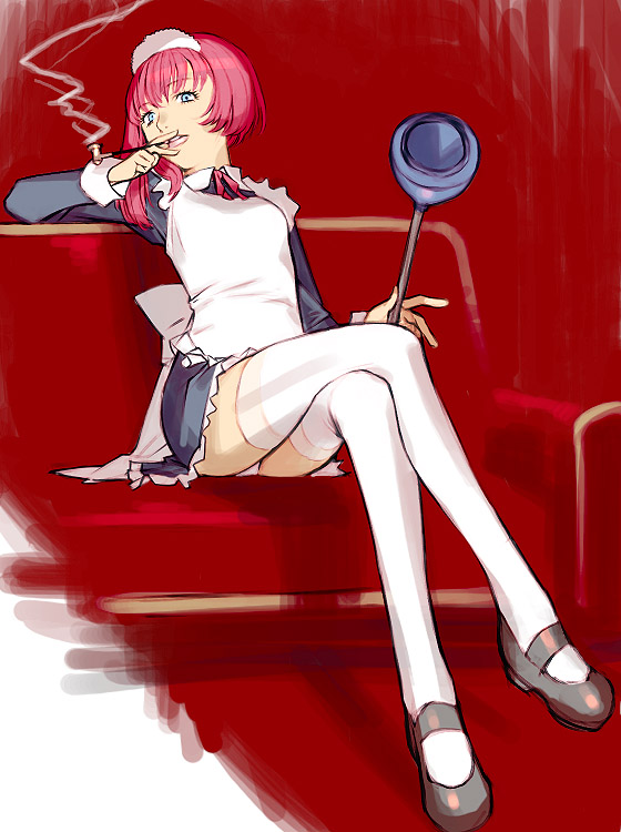 sakamoto mineji, original, 1girl, apron, blue eyes, cigarette, crossed legs, female focus, holding, holding smoking pipe, kiseru, legs, lips, maid, maid apron, maid headdress, panties, pink hair, pipe in mouth, sitting, smoking, smoking pipe, solo, thighhighs, underwear, white thighhighs