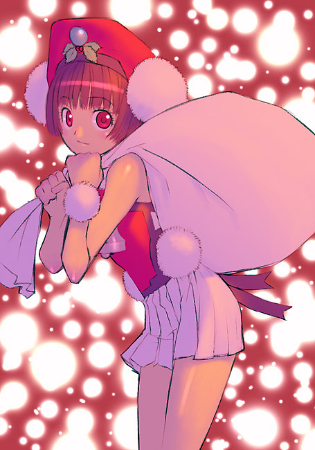 sakamoto mineji, 1girl, bell, christmas, cowboy shot, female focus, giftbag, hat, red eyes, sack, solo