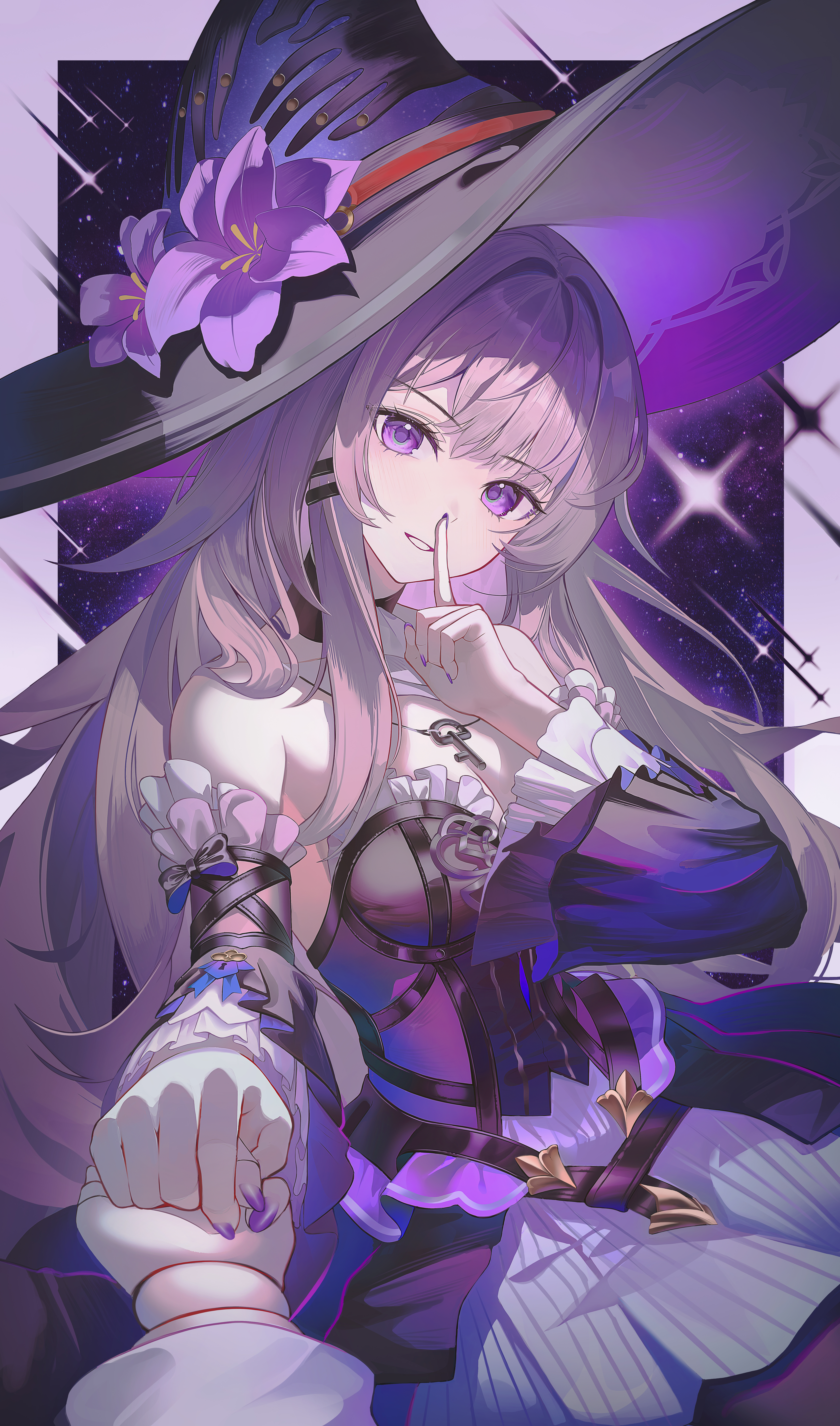 eikou no kassai, herta (honkai: star rail), herta (puppet) (honkai: star rail), the herta (honkai: star rail), honkai: star rail, honkai (series), absurdres, highres, 2girls, ascot, bare shoulders, black choker, black dress, black hat, black pantyhose, black sleeves, border, breasts, choker, colored inner hair, detached sleeves, doll joints, dress, dual persona, fingernails, flower, frills, grey hair, hair between eyes, hair ornament, hairclip, hand up, hat, hat flower, hat ornament, holding hands, index finger raised, jewelry, joints, key, key necklace, long fingernails, long hair, long sleeves, looking at viewer, medium breasts, multicolored hair, multiple girls, nail polish, necklace, o-ring, outside border, pantyhose, purple border, purple eyes, purple flower, purple hair, purple hat, purple nails, single sidelock, sleeveless, sleeveless dress, smile, solo focus, star (sky), star (symbol), star symbol background, starry sky background, strapless, strapless dress, teeth, two-sided fabric, two-sided headwear, two-tone dress, white ascot, white dress, wide sleeves, witch hat