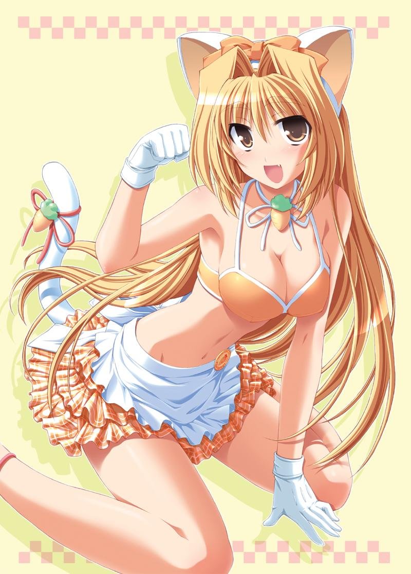 kinoshita rumi, pia carrot (series), pia carrot e youkoso!!, pia carrot e youkoso!! g.o., 1girl, animal ears, apron, bikini, bikini top only, blonde hair, blush, bow, breasts, brown eyes, cat ears, cat tail, cleavage, cosplay, fang, female focus, gloves, hair bow, midriff, miniskirt, skirt, solo, swimsuit, tail, waist apron, waitress