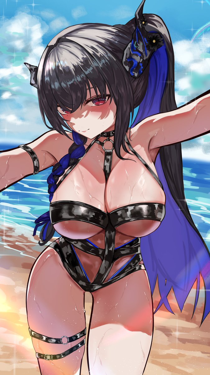 luisjse, nerissa ravencroft, nerissa ravencroft (holonatsu paradise), hololive, hololive english, holonatsu paradise, highres, 1girl, asymmetrical horns, beach, bikini, black bikini, black hair, black horns, blue hair, breasts, cowboy shot, heart, high ponytail, horns, large breasts, multicolored hair, ocean, ponytail, sand, solo, swimsuit, two-tone hair, uneven horns, virtual youtuber, water, wet