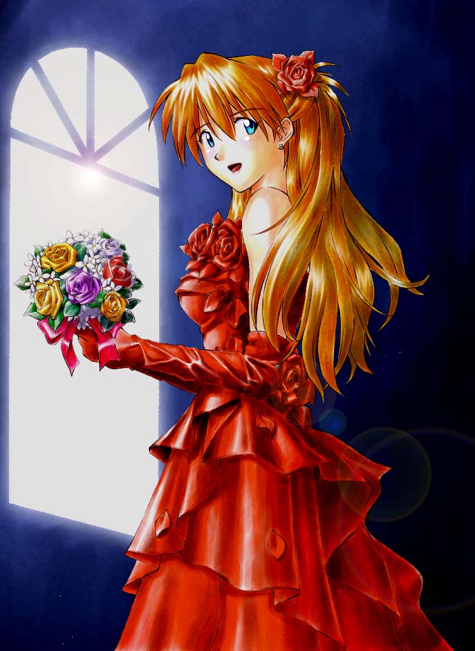 kurotengu, souryuu asuka langley, neon genesis evangelion, 1girl, blue eyes, blush, bouquet, bride, dark bride, dress, earrings, elbow gloves, female focus, flower, gloves, holding, holding bouquet, jewelry, lens flare, long hair, open mouth, purple flower, purple rose, red dress, red flower, red hair, red rose, rose, solo, wedding dress, yellow flower, yellow rose