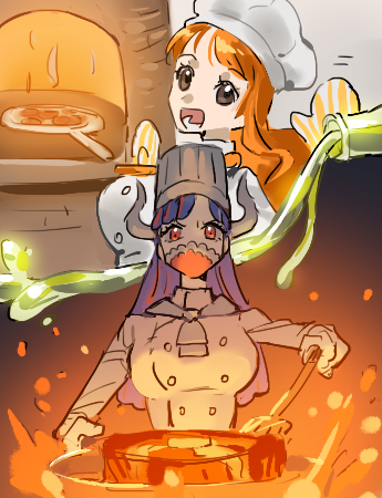 raine (acke2445), nami (one piece), ulti (one piece), one piece, commentary, lowres, symbol-only commentary, 2girls, alternate costume, blue hair, breasts, brown eyes, chef hat, cooking, cooking together, fire, gloves, hat, holding, horns, large breasts, long hair, long sleeves, mask, mouth mask, multiple girls, open mouth, orange hair, shirt, white hat, white shirt