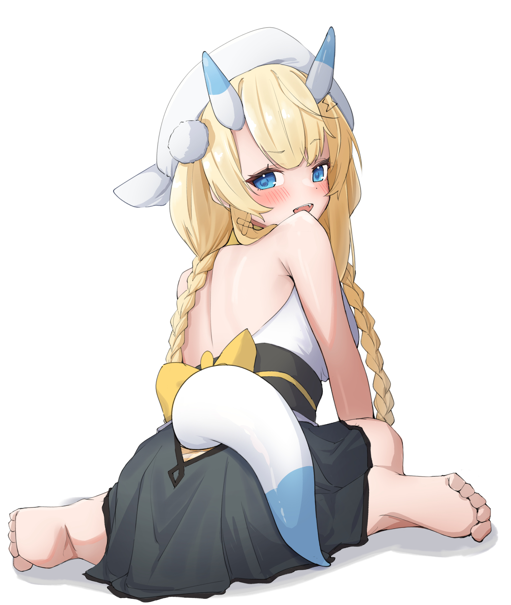 kkillusked, kadou mikaru, nijisanji, highres, 1girl, :d, ass cutout, back bow, backless kimono, backless outfit, bare shoulders, barefoot, black skirt, blonde hair, blue eyes, blue horns, blue tail, blush, bow, braid, breasts, clothing cutout, fang, from behind, full body, hair ornament, hair over shoulder, hakama, hakama skirt, hat, horns, japanese clothes, kimono, large breasts, long hair, looking at viewer, looking back, low twin braids, miniskirt, multicolored horns, obi, obi bow, obijime, open mouth, pom pom (clothes), pom pom hair ornament, raised eyebrow, sash, sidelocks, simple background, sitting, skirt, sleeveless, smile, soles, solo, tail, tail through clothes, twin braids, two-tone horns, two-tone tail, very long hair, virtual youtuber, wariza, white background, white hat, white horns, white kimono, white tail, yellow bow
