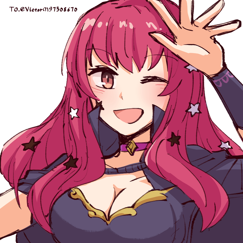alonemistrist, yunaka (fire emblem), fire emblem, fire emblem engage, nintendo, 1girl, ;d, blush, bodysuit, breasts, cape, choker, cleavage, facial mark, hair ornament, long hair, looking at viewer, medium breasts, one eye closed, open mouth, pink choker, purple bodysuit, red eyes, red hair, simple background, smile, solo, star (symbol), star facial mark, star hair ornament, upper body, white background