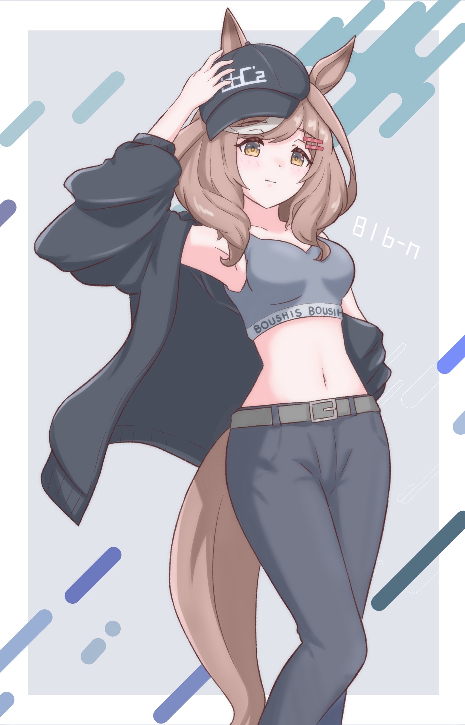 yozakuraplanet-nanaari, matikanetannhauser (umamusume), umamusume, absurdres, highres, 1girl, animal ears, belt, black jacket, black pants, blush, breasts, brown hair, closed mouth, collarbone, grey sports bra, hair ornament, hairclip, hat, horse ears, horse girl, horse tail, jacket, long hair, looking at viewer, medium breasts, medium hair, midriff, multicolored hair, navel, open clothes, open jacket, pants, solo, sports bra, streaked hair, tail, tilted headwear, yellow eyes