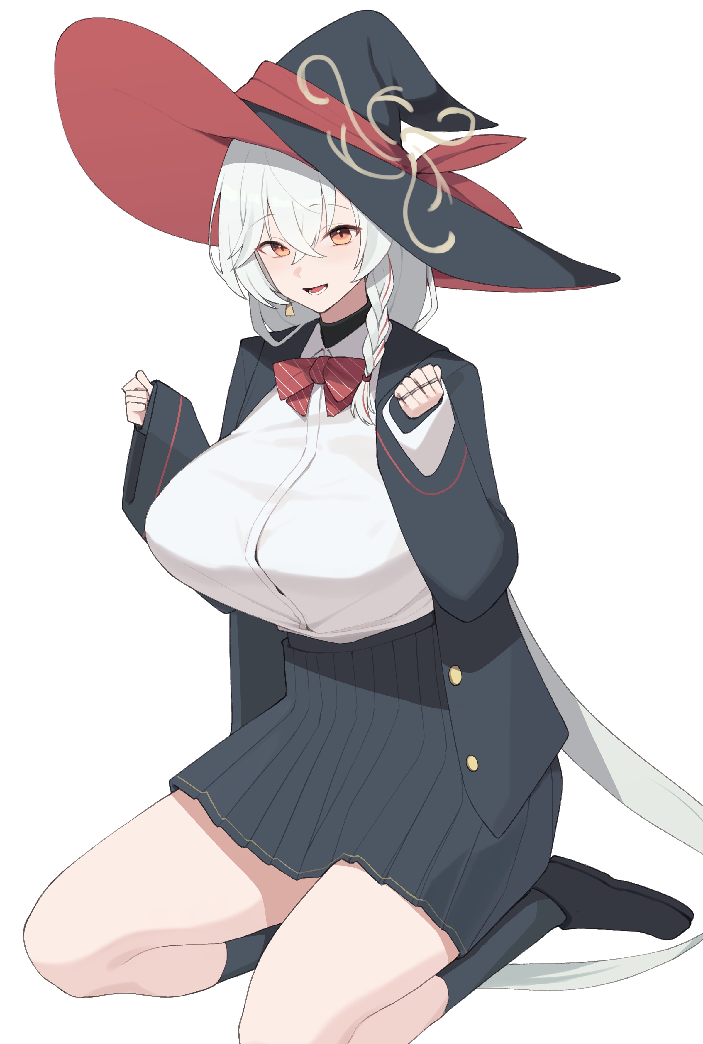 kurowanjjyang, eri (blue archive), blue archive, absurdres, commentary, highres, 1girl, black hat, black jacket, black shoes, black skirt, bow, bowtie, braid, breasts, crossed bangs, diagonal-striped bow, diagonal-striped bowtie, diagonal-striped clothes, gold trim, hair between eyes, halo, hat, hat ribbon, jacket, jewelry, kneehighs, large breasts, long hair, long sleeves, looking at viewer, lower teeth only, multicolored hair, multiple rings, open clothes, open jacket, open mouth, orange eyes, pleated skirt, red bow, red bowtie, red ribbon, red streaks, red trim, ribbon, ring, seiza, shirt, shirt tucked in, shoes, side halo, simple background, single braid, sitting, skirt, sleeves past wrists, smile, socks, solo, streaked hair, striped bow, striped bowtie, striped clothes, teeth, thighs, two-sided fabric, two-sided headwear, unbuttoned jacket, very long hair, white background, white hair, white shirt, witch hat, yellow halo