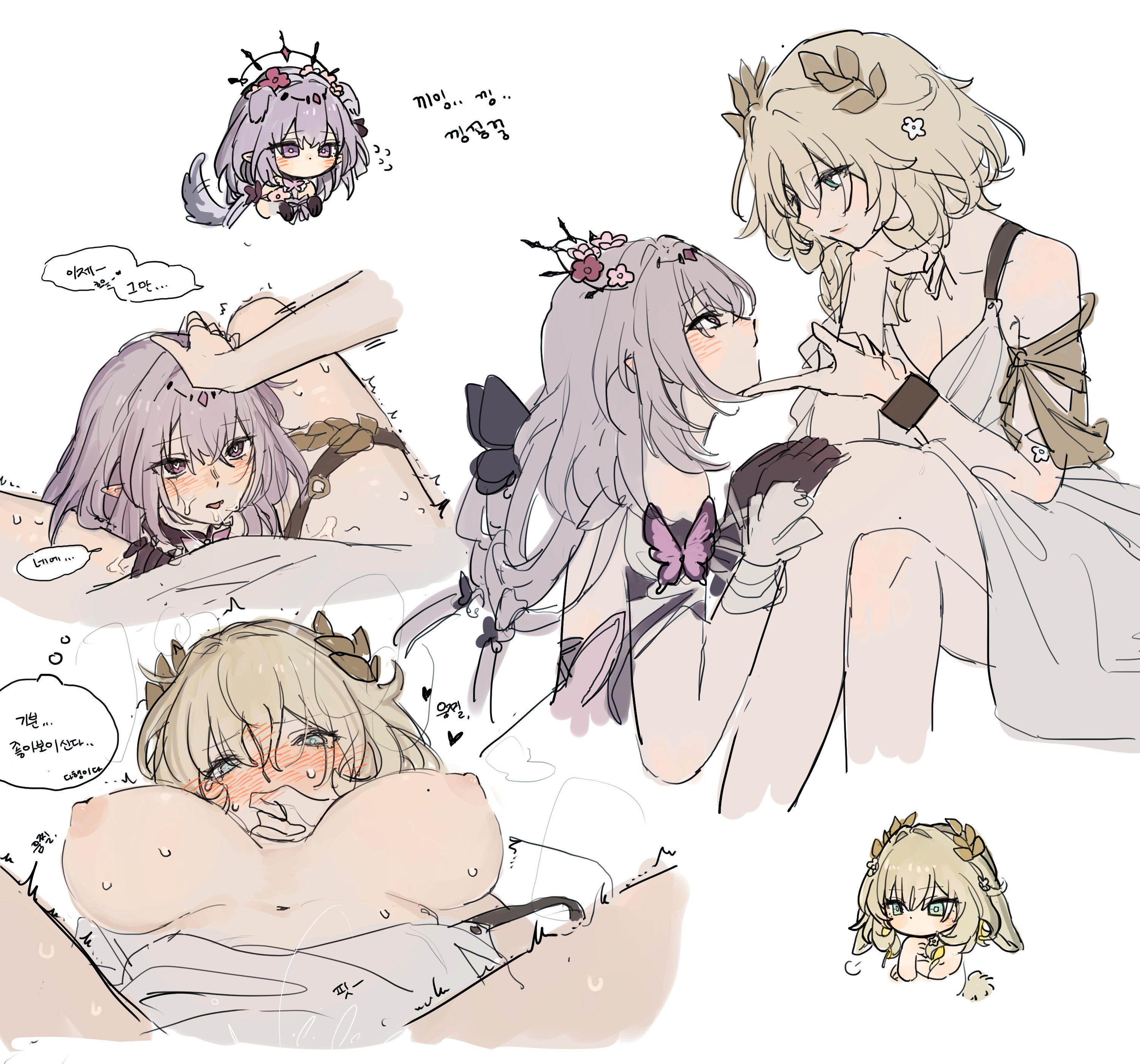 eardoor 1022, aglaea (honkai: star rail), castorice (honkai: star rail), honkai: star rail, honkai (series), absurdres, highres, translation request, 2girls, after cunnilingus, animal ears, bare back, black bow, black tiara, blonde hair, blush, bow, bracelet, breasts, butterfly ornament, cleavage, closed mouth, clothing cutout, collarbone, corset, covering own mouth, crossed legs, dog ears, dog tail, dress, flower, gloves, greco-roman clothes, hair between eyes, hair bow, hair flower, hair ornament, hand on another's chin, hand on another's head, hand up, heart, heart-shaped pupils, jewelry, kemonomimi mode, korean text, large breasts, laurel crown, long hair, looking at another, low twintails, lying, multiple girls, multiple views, nipples, no mouth, on back, open mouth, pink flower, pointy ears, purple corset, purple eyes, purple flower, purple gloves, purple hair, pussy juice, pussy juice on face, rabbit ears, short hair, short sleeves, shoulder cutout, simple background, sitting, sleeveless, sleeveless dress, smile, speech bubble, spread legs, steam, sweat, symbol-shaped pupils, tail, thigh strap, thought bubble, tiara, tongue, tongue out, twintails, white background, white dress, white flower, yuri