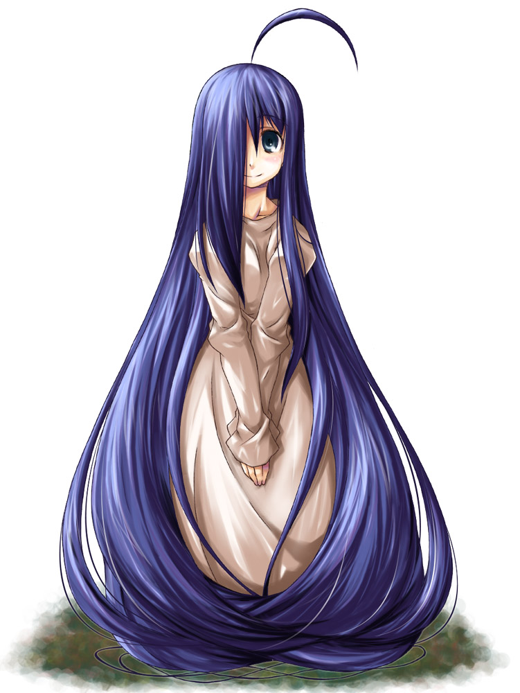 yamamura sadako, the ring, 1girl, ahoge, blue eyes, blue hair, dress, female focus, hair over one eye, long hair, matching hair/eyes, solo, very long hair
