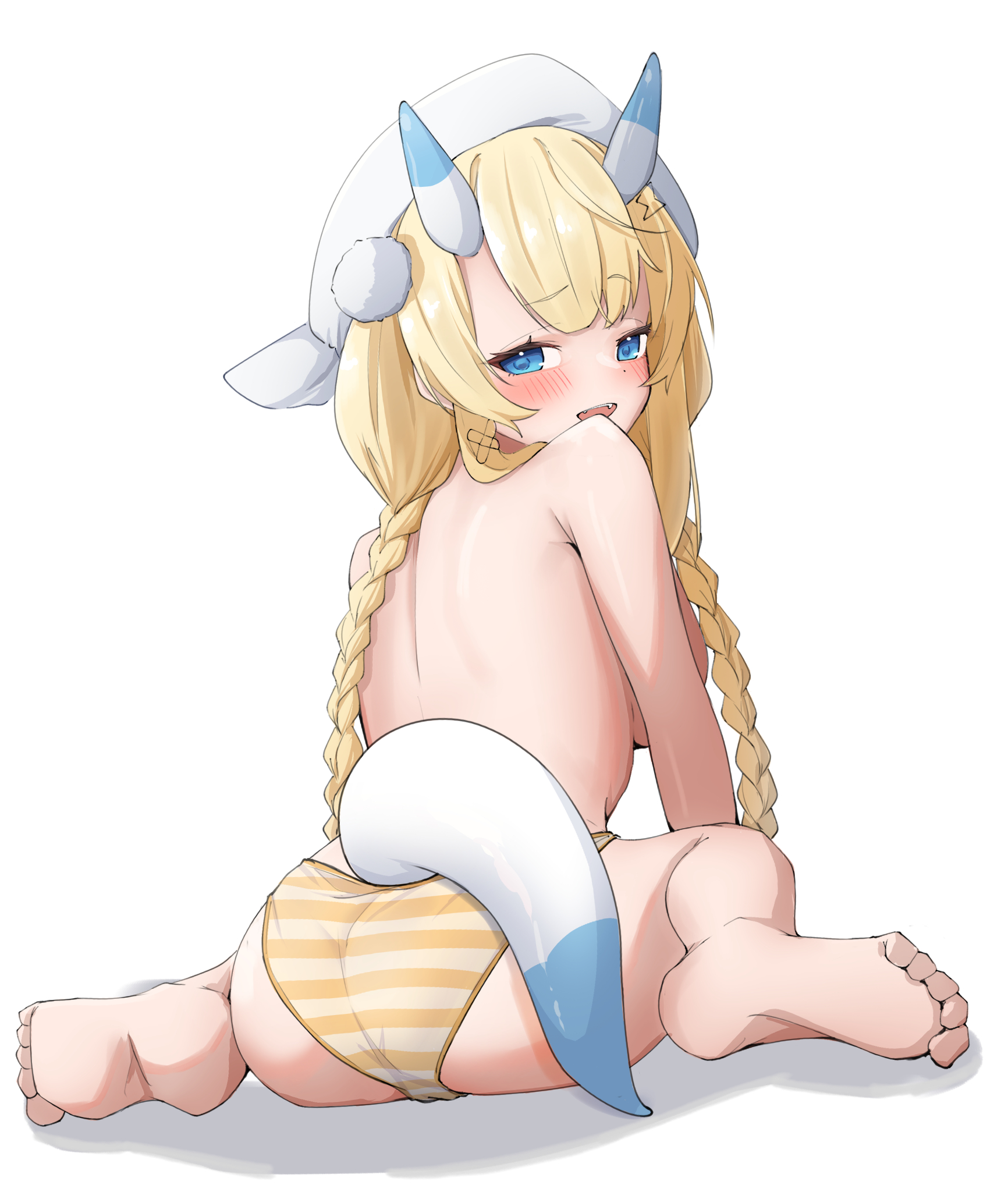 kkillusked, kadou mikaru, nijisanji, highres, 1girl, :d, bare legs, barefoot, blonde hair, blue eyes, blue horns, blue tail, blush, braid, breasts, fang, from behind, full body, hair ornament, hair over shoulder, half-closed eyes, hat, horns, large breasts, long hair, looking at viewer, looking back, low twin braids, multicolored horns, open mouth, panties, parted lips, pom pom (clothes), pom pom hair ornament, raised eyebrow, sidelocks, simple background, sitting, smile, soles, solo, striped clothes, striped panties, toes, topless female, twin braids, two-tone horns, two-tone tail, underwear, very long hair, virtual youtuber, wariza, white background, white hat, white horns, white tail, yellow panties