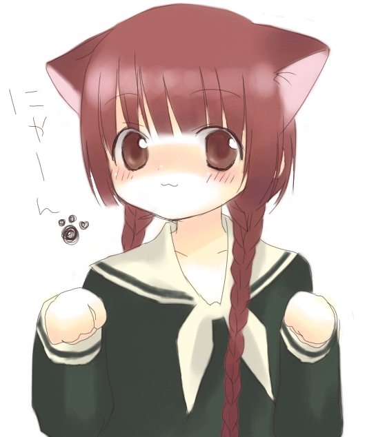 shimazu yoshino, maria-sama ga miteru, 00s, 1girl, :3, animal ears, blush, braid, brown eyes, cat ears, female focus, hair over shoulder, long hair, maria sama, nyan, paw pose, paw print, red eyes, red hair, simple background, solo, twin braids