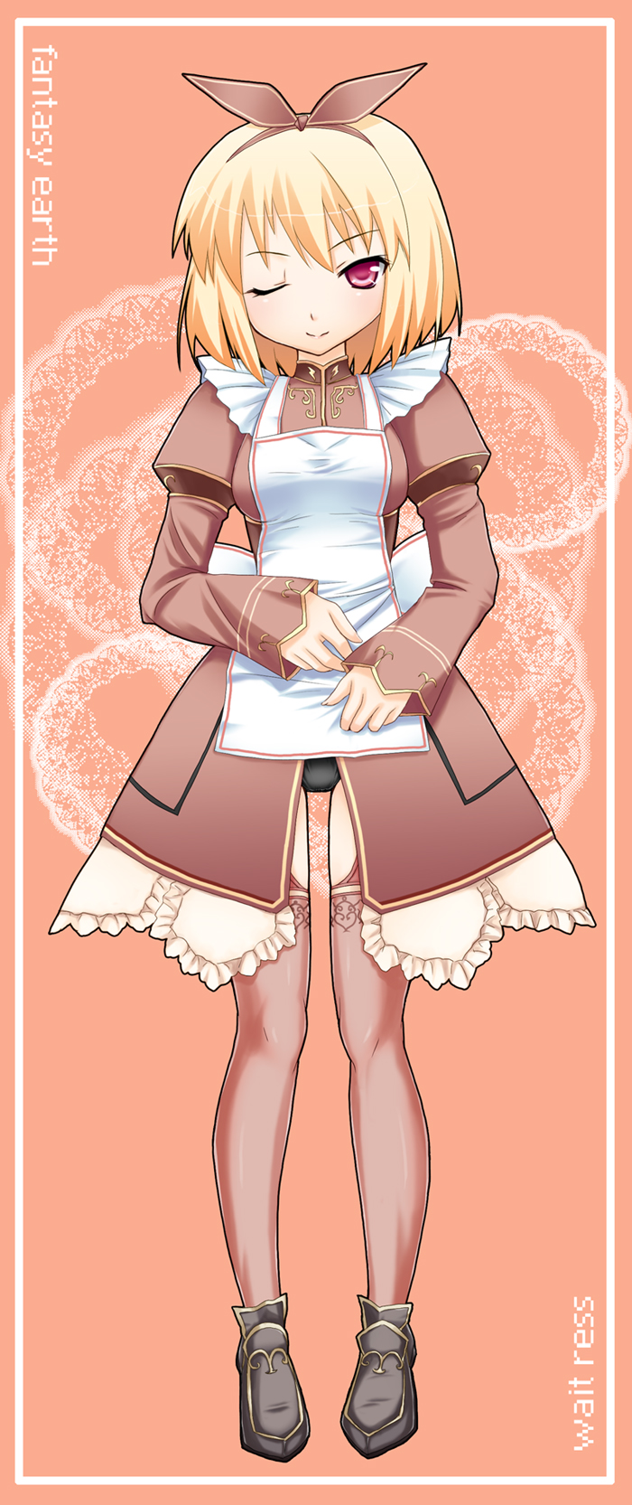 yoshino gaya, highres, blonde hair, legs, long sleeves, maid, one eye closed, panties, pantyshot, red eyes, short hair, thighhighs, underwear, wink