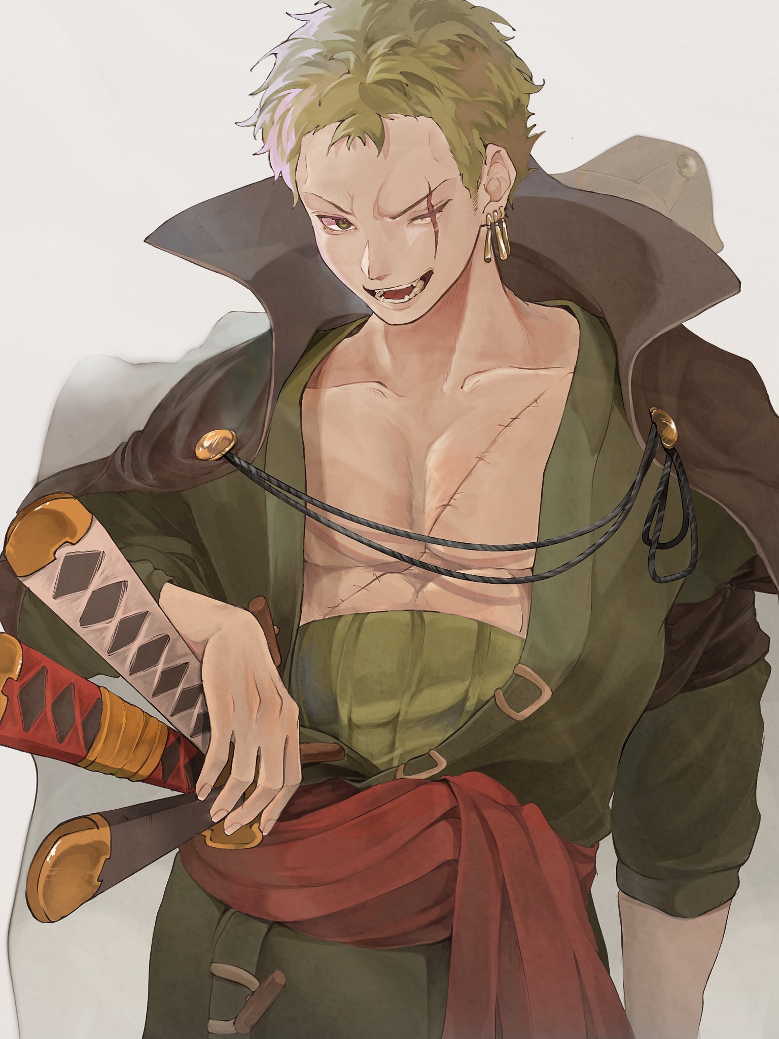 u mi031, roronoa zoro, one piece, commentary, highres, 1boy, black coat, coat, coat on shoulders, collarbone, earrings, gold earrings, green hair, green shirt, haramaki, jewelry, looking at viewer, male focus, multiple swords, one eye closed, open mouth, pectorals, red sash, sash, scar, scar across eye, scar on chest, scar on face, sheath, sheathed, shirt, short hair, solo, upper body