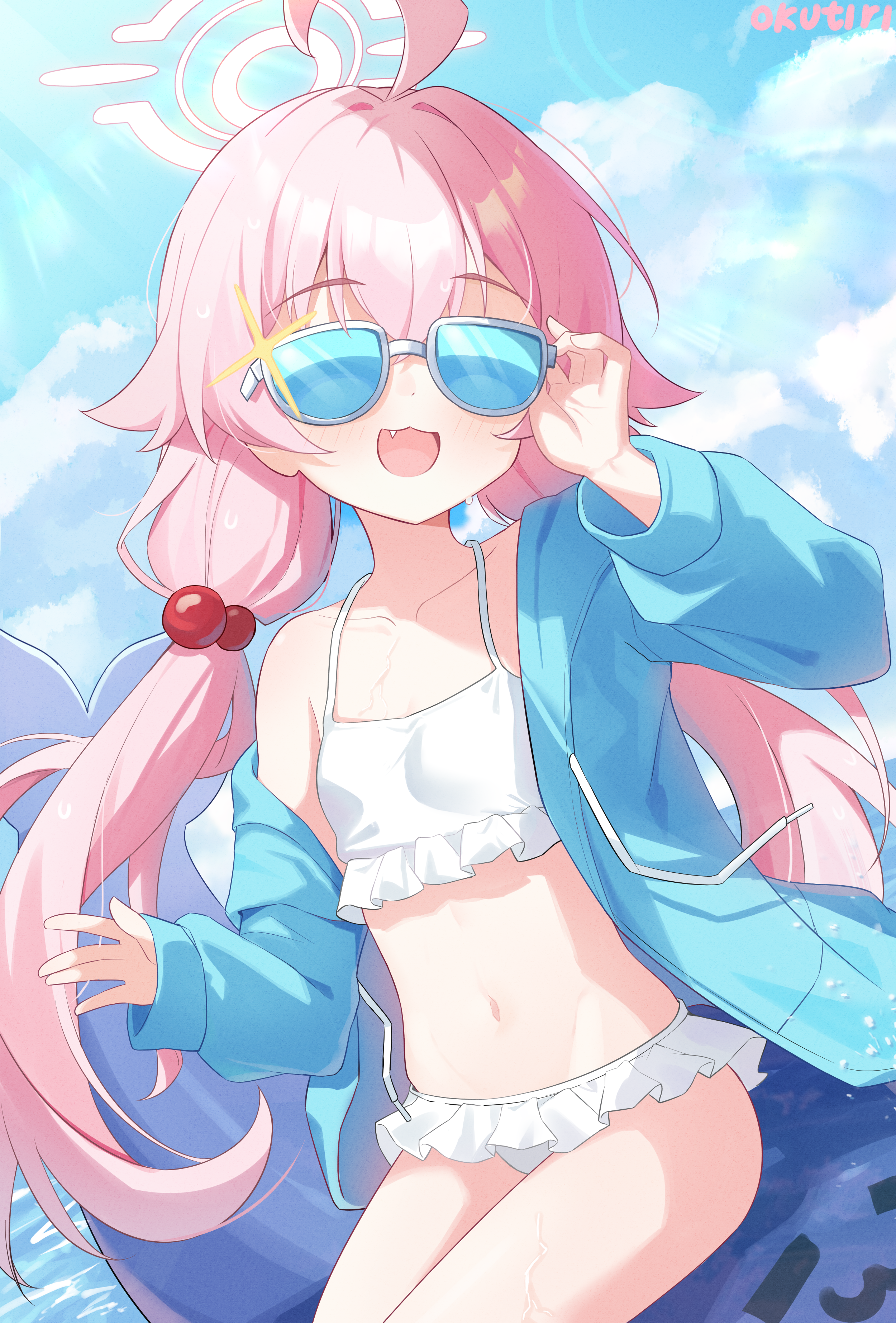 exusiai dust, hoshino (blue archive), hoshino (swimsuit) (blue archive), blue archive, absurdres, commentary, highres, revision, 1girl, :d, adjusting eyewear, ahoge, bikini, blue-tinted eyewear, blue jacket, blue sky, blush, cloud, day, hair bobbles, hair ornament, jacket, long hair, low twintails, navel, official alternate costume, open clothes, open jacket, open mouth, outdoors, pink hair, sky, smile, solo, sparkle, sunglasses, swimsuit, thighs, tinted eyewear, twintails, white bikini