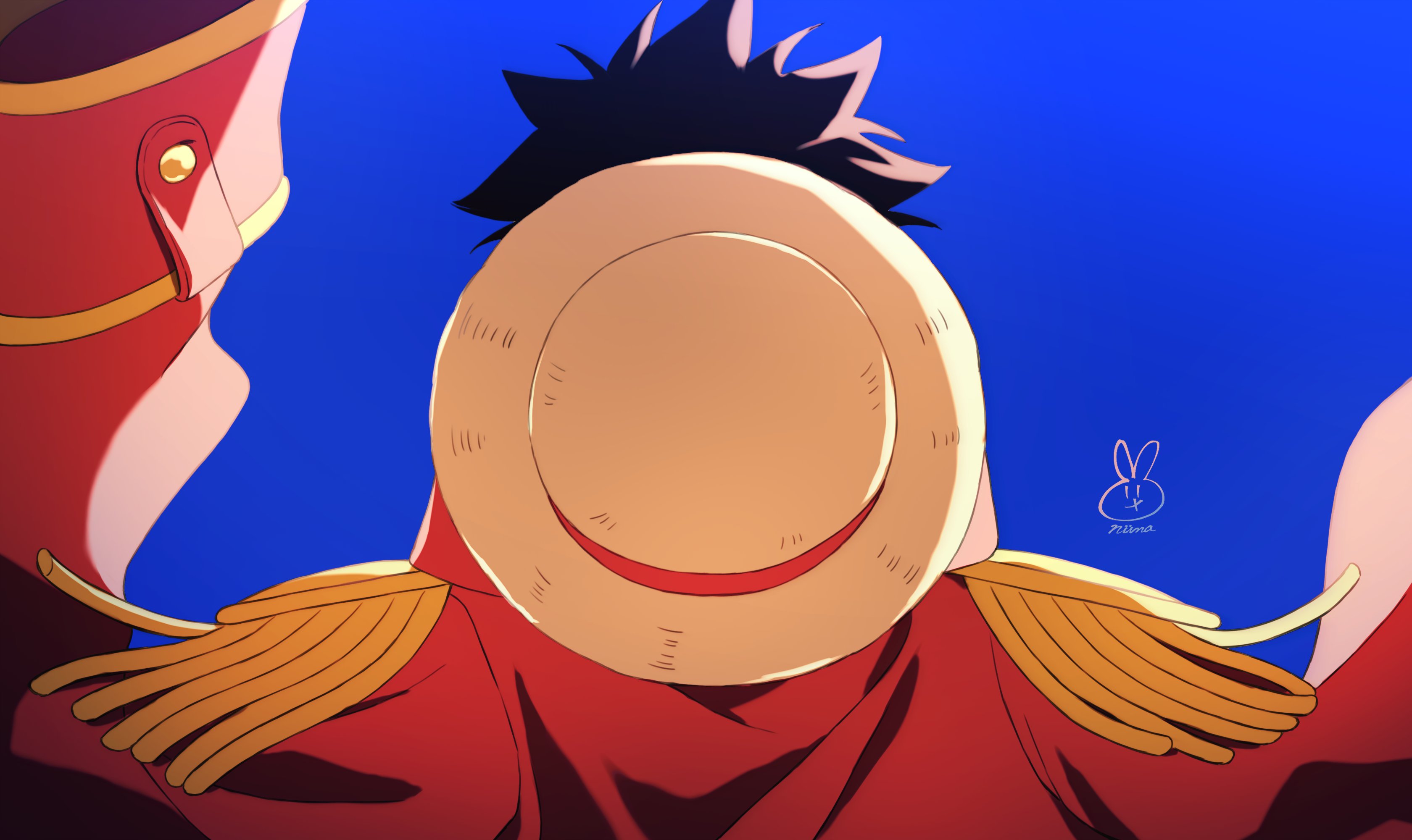 niina 1oo9, monkey d. luffy, one piece, absurdres, commentary request, highres, 1boy, black hair, blue background, coat, coat on shoulders, epaulettes, floating clothes, from behind, hat, male focus, red coat, short hair, signature, solo, straw hat, unworn hat, unworn headwear, upper body