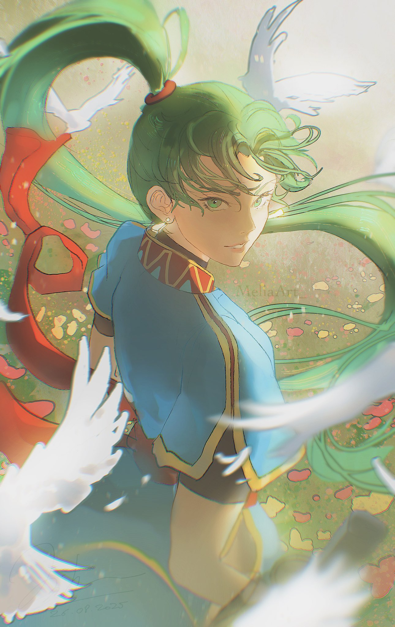 melia art, lyn (fire emblem), fire emblem, fire emblem: the blazing blade, nintendo, highres, 1girl, bird, blue dress, breasts, dove, dress, earrings, field, flower, grass, green eyes, green hair, high ponytail, jewelry, long hair, medium breasts, outdoors, ponytail, short sleeves, smile