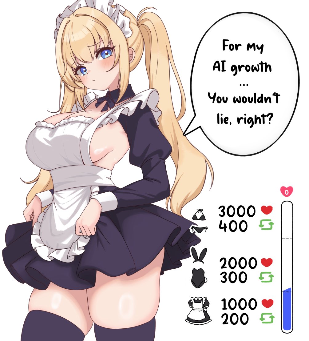 moshiedraws, ani (xai), xai (company), commentary, english commentary, 1girl, apron, black dress, black thighhighs, blonde hair, blue eyes, breasts, cleavage, clothes lift, cowboy shot, detached collar, dress, english text, hair between eyes, hair intakes, large breasts, lifting own clothes, like and retweet, long hair, looking at viewer, maid apron, maid headdress, progress bar, sideboob, sidelocks, skirt, skirt lift, solo, talking, thighhighs, twintails, twitter strip game