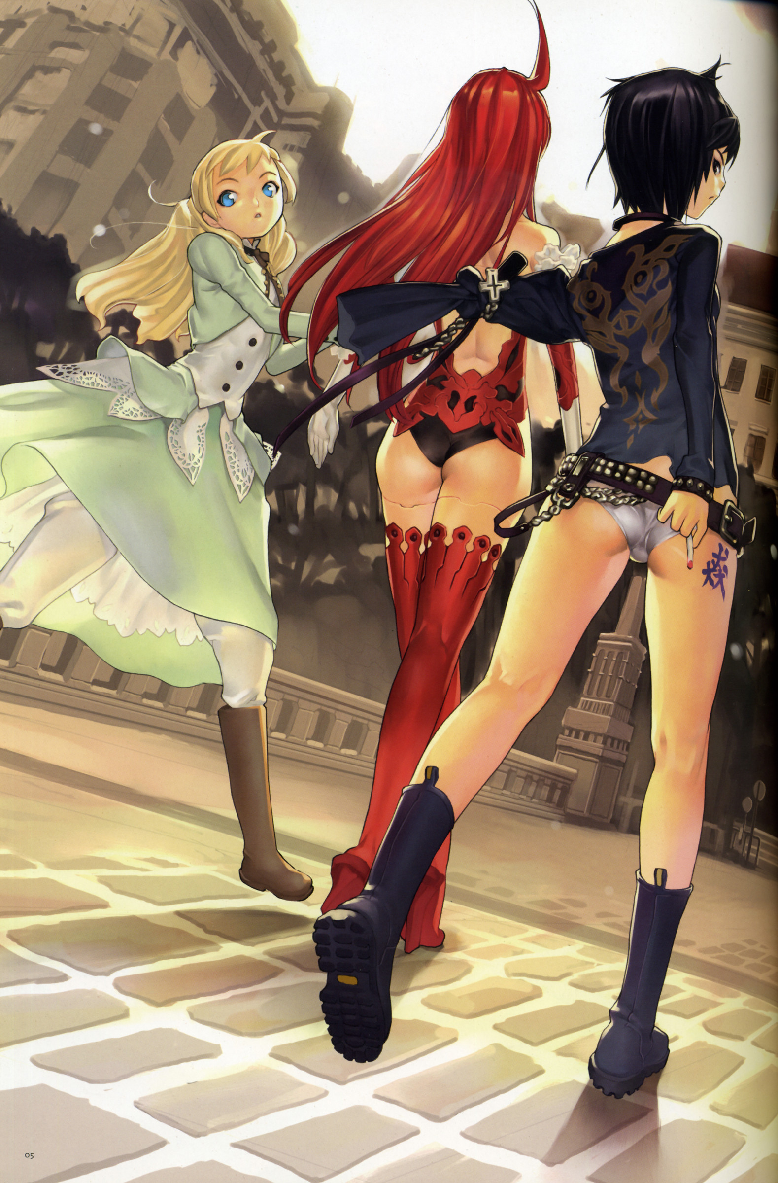hakua ugetsu, kagerou sabine kurzringer, suzutsuki dietrich schulz, yuugiri kunigunde morenz, eulen spiegel, black legwear, brown legwear, red legwear, absurdres, highres, official art, scan, 3girls, :o, ahoge, android, ass, back, belt, belt skirt, black eyes, black hair, blonde hair, blue eyes, boots, bridge, building, buttons, chain, choker, cigarette, city, cross, crossed legs, day, dress, elbow gloves, flat chest, formal clothes, frills, from behind, frown, gloves, high heels, knee boots, kneepits, lace, legs, leotard, long hair, looking at viewer, looking back, multiple girls, necktie, open mouth, outdoors, red hair, ribbon, shadow, shirt, shoes, short hair, short shorts, shorts, sky, standing, studded belt, tattoo, thigh boots, thighhighs, underwear, walking, watson cross