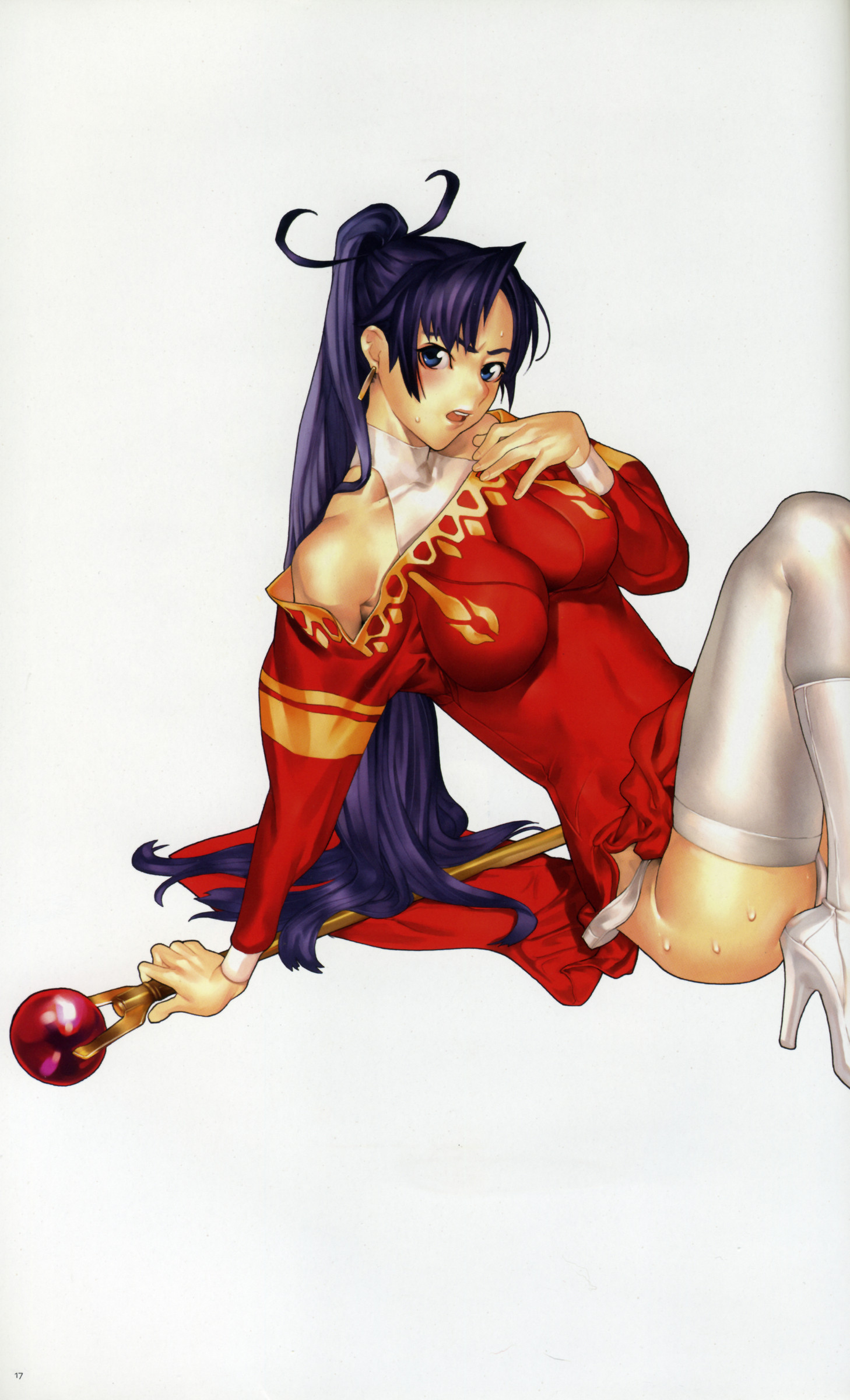 hakua ugetsu, absurdres, highres, scan, blue eyes, blush, boots, clothes lift, dress, dress lift, earrings, high heels, jewelry, long hair, purple hair, shoes, solo, staff, thighhighs