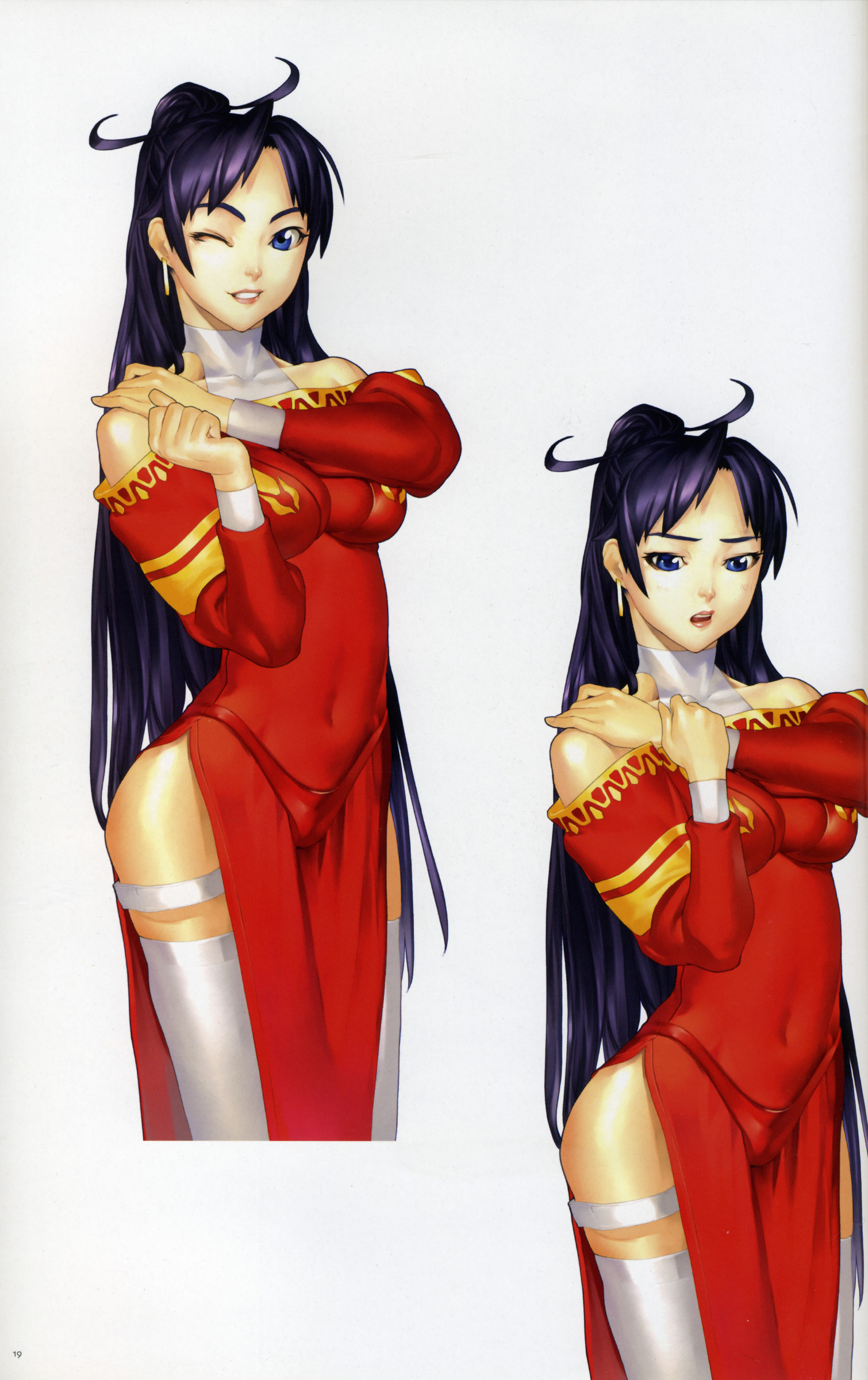 hakua ugetsu, absurdres, highres, scan, blue eyes, dress, earrings, jewelry, long hair, purple hair, thighhighs, wink