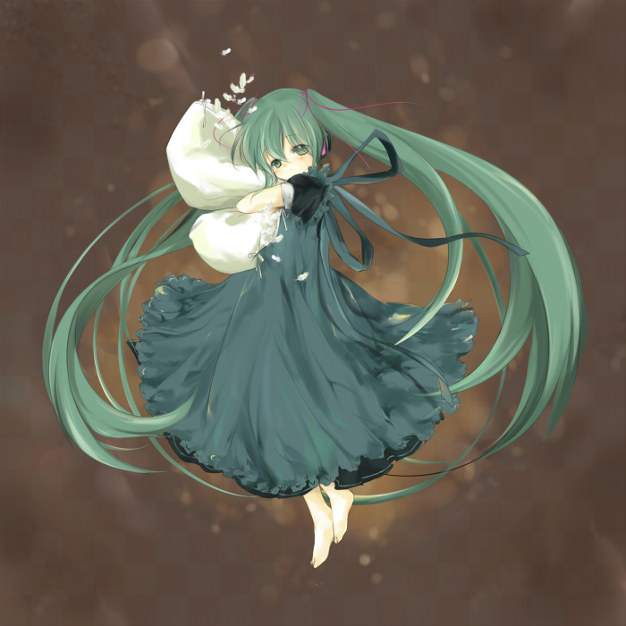 bear (artist), hatsune miku, vocaloid, 1girl, aged down, aqua hair, barefoot, dress, feathers, female focus, long hair, pillow, solo, very long hair
