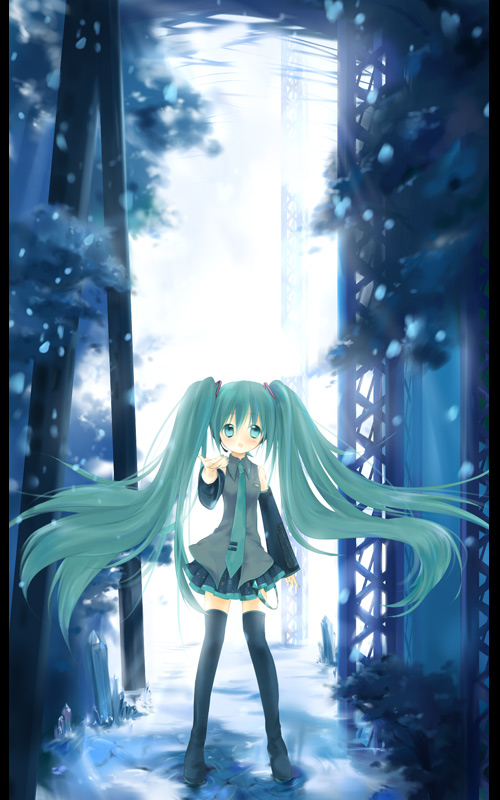 bear (artist), hatsune miku, vocaloid, blue eyes, blue hair, forest, long hair, nature, solo, thighhighs, twintails, very long hair, zettai ryouiki