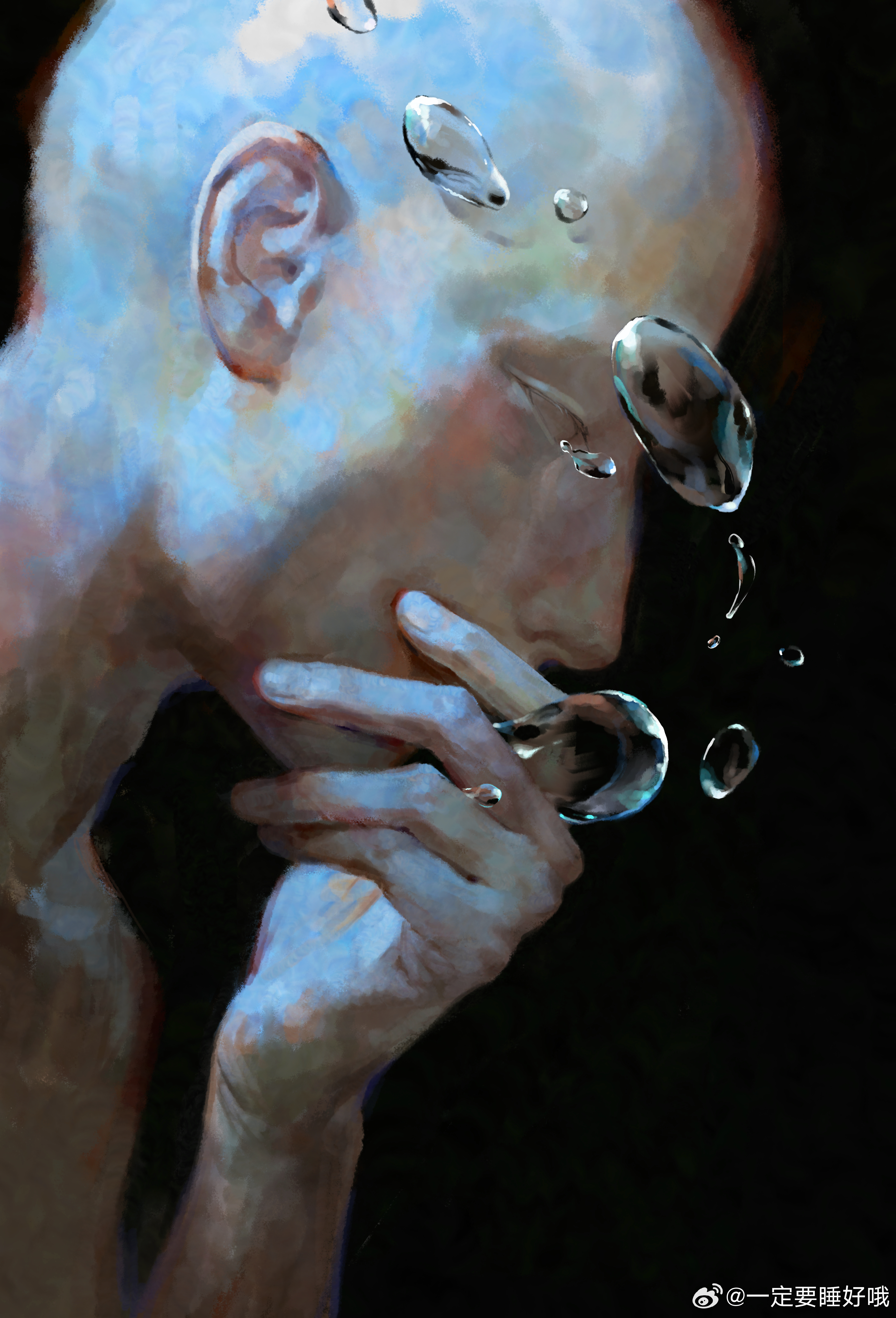 sleell11, original, absurdres, chinese commentary, highres, 1other, air bubble, ambiguous gender, bald, black background, bubble, crying, empty eyes, expressionless, fingernails, from side, hand on own chin, looking to the side, portrait, simple background, underwater, watermark, weibo username, weibo watermark