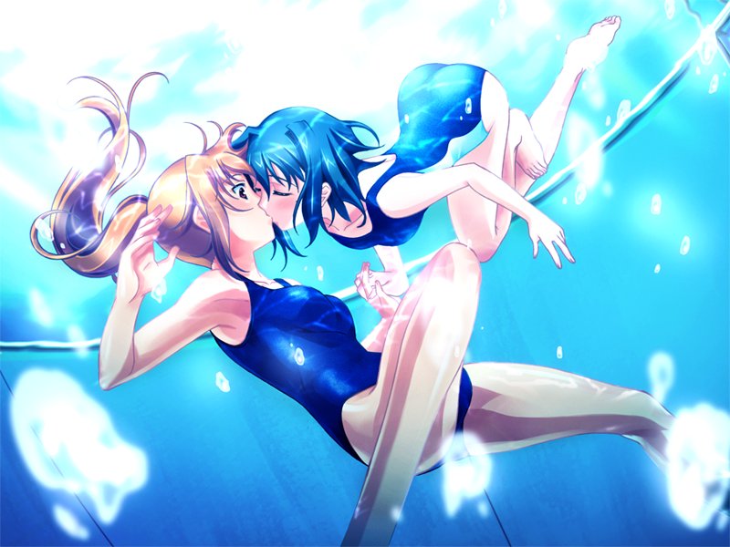 rorieshi, aoba satsuki, kazetani rikka, renge (eroge), 2girls, armpits, barefoot, blue hair, blue theme, blush, bubble, caustics, closed eyes, dutch angle, feet, female focus, interlocked fingers, kiss, legs, long hair, multiple girls, one-piece swimsuit, orange hair, perspective, ponytail, pool, short hair, spread legs, surprised, swimsuit, underwater, water, yuri