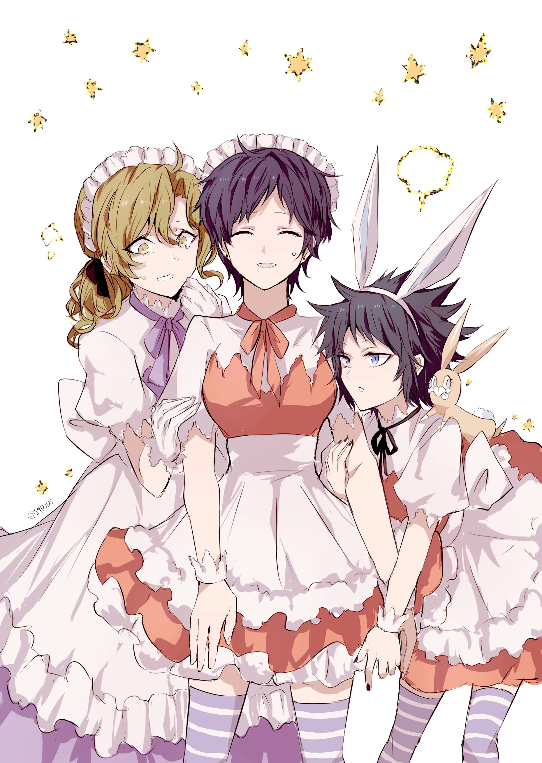 sodamachi, lenalee lee, miranda lotto, road kamelot, yellow star, d.gray-man, absurdres, highres, 3girls, animal ear hairband, animal ears, apron, black nails, black ribbon, blonde hair, blue eyes, brown ribbon, closed eyes, crying, crying with eyes open, doll, dress, earrings, facing viewer, fake animal ears, frilled apron, frills, gloves, grey hair, hair between eyes, hair ribbon, hairband, hand on another's arm, holding another's arm, jewelry, long hair, looking down, looking to the side, low ponytail, maid, maid apron, maid headdress, mature female, messy hair, multiple girls, neck ribbon, noah (d.gray-man), orange dress, orange ribbon, parted lips, petticoat, pixie cut, ponytail, puffy short sleeves, puffy sleeves, purple hair, purple ribbon, purple thighhighs, rabbit ear hairband, rabbit ears, ribbon, short hair, short sleeves, sidelocks, signature, simple background, spiked hair, star (symbol), striped clothes, striped thighhighs, stud earrings, stuffed animal, stuffed rabbit, stuffed toy, sweat, sweatdrop, tears, thighhighs, twitter username, two-tone dress, waist apron, wavy hair, white apron, white background, white dress, white gloves, wristband, yellow eyes