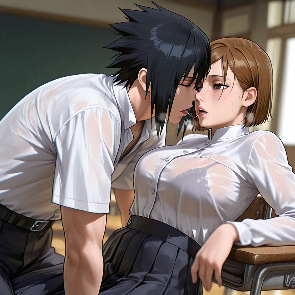 uchiha sasuke, jujutsu kaisen, naruto (series), naruto shippuuden, tongue kiss, 1boy, 1girl, against table, blush, bra, breath, brown hair, chair, classroom, closed eyes, crossover, desk, dress, freckles, french kiss, hetero, kiss, leaning back, leaning forward, lips, narrowed eyes, saliva, saliva swap, saliva trail, school, school chair, school desk, school uniform, see-through cleavage, see-through clothes, see-through dress, see-through shirt, see-through sleeves, shirt, skirt, sweat, tongue, tongue out, underwear, unifom, white shirt