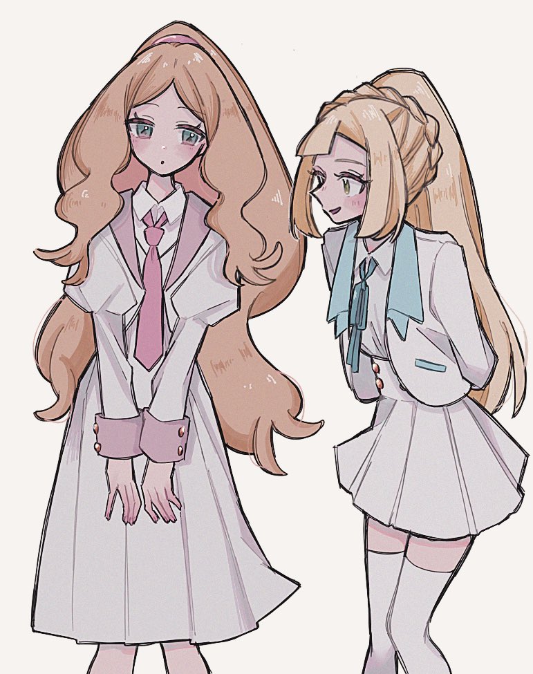 enekonoshippo27, caitlin (pokemon), lillie (pokemon), nintendo, pokemon, pokemon bw, pokemon sm, 2girls, alternate costume, arms behind back, blonde hair, dress, green eyes, hairband, long hair, multiple girls, necktie, parted bangs, pink necktie, ponytail with braided base, skirt, thighhighs, very long hair, white background, white dress, white skirt, white thighhighs