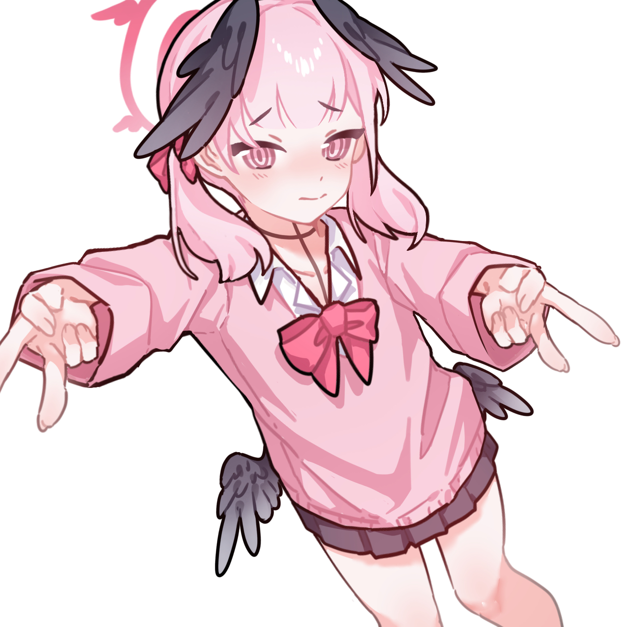 koharu (blue archive), blue archive, commentary, highres, symbol-only commentary, 1girl, black skirt, blush, bow, closed mouth, collarbone, collared shirt, cowboy shot, double gyaru v, dutch angle, feathered wings, frown, gyaru v, hairband, halo, head wings, kanai ouo, looking at viewer, low wings, medium hair, miniskirt, nose blush, outstretched arms, pink bow, pink eyes, pink hair, pink sweater, shirt, simple background, skirt, solo, sweater, v, white background, white shirt, winged halo, wings