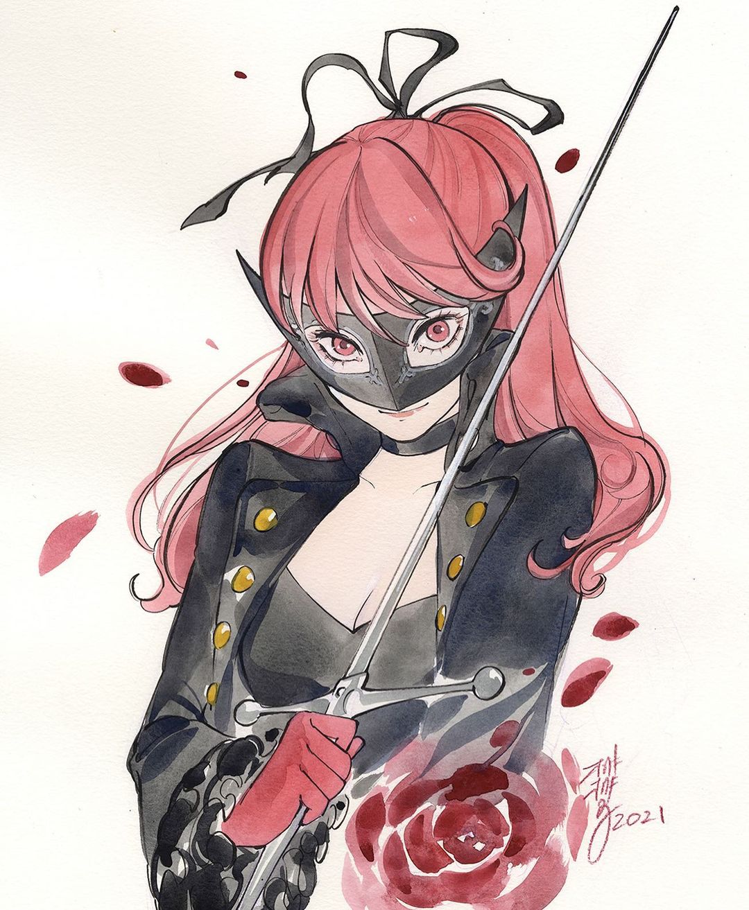 peach momoko, highres, 1girl, black choker, black jacket, black leotard, black mask, black ribbon, buttons, choker, frilled sleeves, frills, gloves, hair ribbon, holding, holding sword, holding weapon, jacket, leotard, long sleeves, mask, red gloves, ribbon, solo, sword, weapon, white background