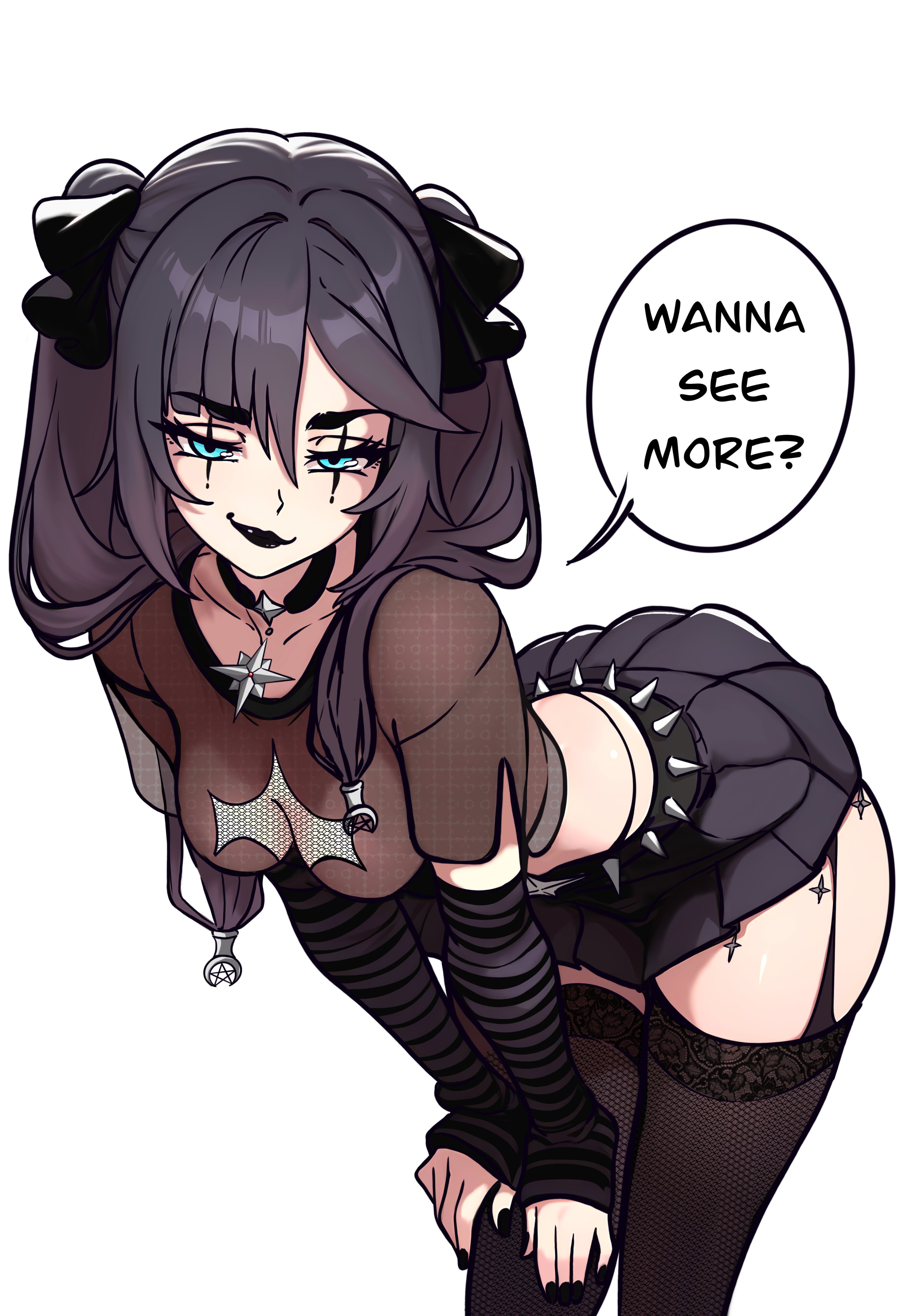 redpostit, mona (genshin impact), genshin impact, absurdres, ai-assisted, highres, 1girl, alternate costume, aqua eyes, bent over, black choker, black eyeliner, black hair, black lips, black nails, black skirt, black thighhighs, breasts, brooch, choker, closed mouth, crop top, english text, eyeliner, goth fashion, jewelry, looking at viewer, makeup, midriff, miniskirt, simple background, skirt, small breasts, smile, solo, speech bubble, spiked belt, star brooch, striped sleeves, thighhighs, twintails, white background, zettai ryouiki