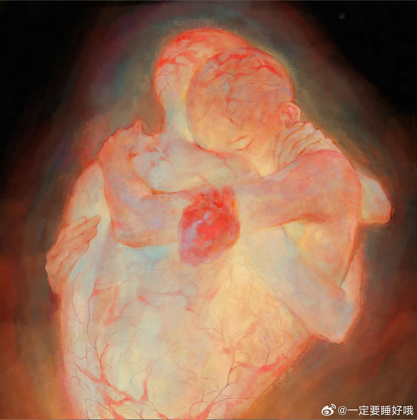 sleell11, original, chinese commentary, highres, 2others, ambiguous gender, arms around neck, bald, black background, closed eyes, couple, glowing, heart, holding, hug, merging bodies, multiple others, nude, simple background, transparent, veins, watermark, weibo watermark