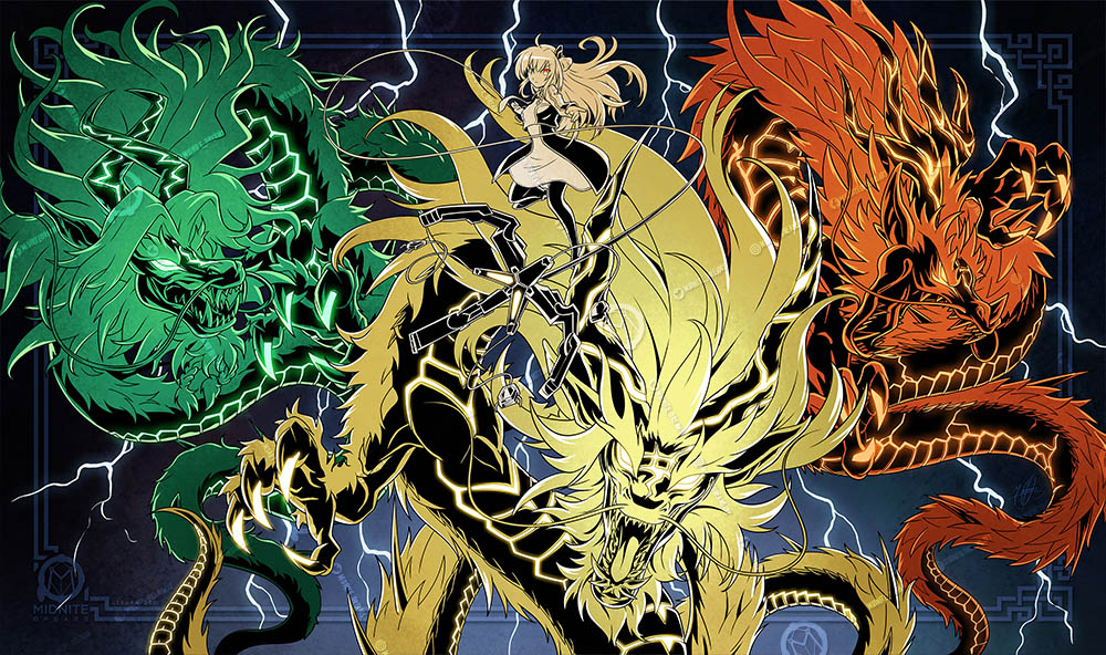 midnite dreams, sky striker ace – raye, yu-gi-oh!, 1girl, ahoge, black thighhighs, blonde hair, claws, dragon, dragon horns, dress, eastern dragon, heterochromia, horns, long hair, long sleeves, looking at viewer, sword, tenpai dragon chundra, tenpai dragon fadra, tenpai dragon paidra, thighhighs, thunder, two-tone dress, weapon