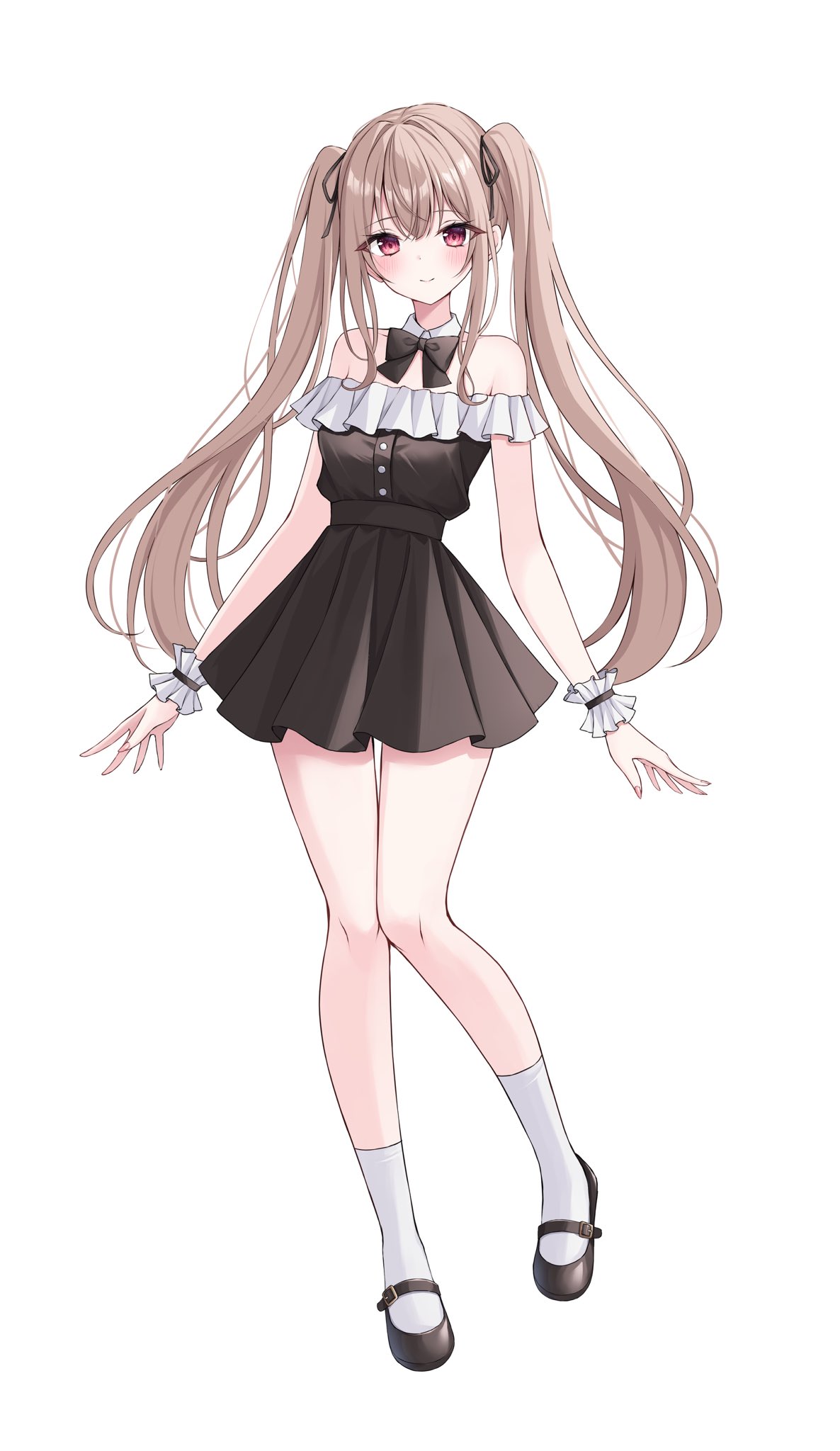 nakaji (user snap3353), original, highres, 1girl, bare shoulders, black bow, black dress, black ribbon, blush, bow, breasts, brown hair, closed mouth, detached collar, dress, hair ornament, hair ribbon, long hair, looking at viewer, off-shoulder dress, off shoulder, red eyes, ribbon, shoes, simple background, sleeveless, sleeveless dress, smile, socks, solo, twintails, white background, white socks, wrist cuffs