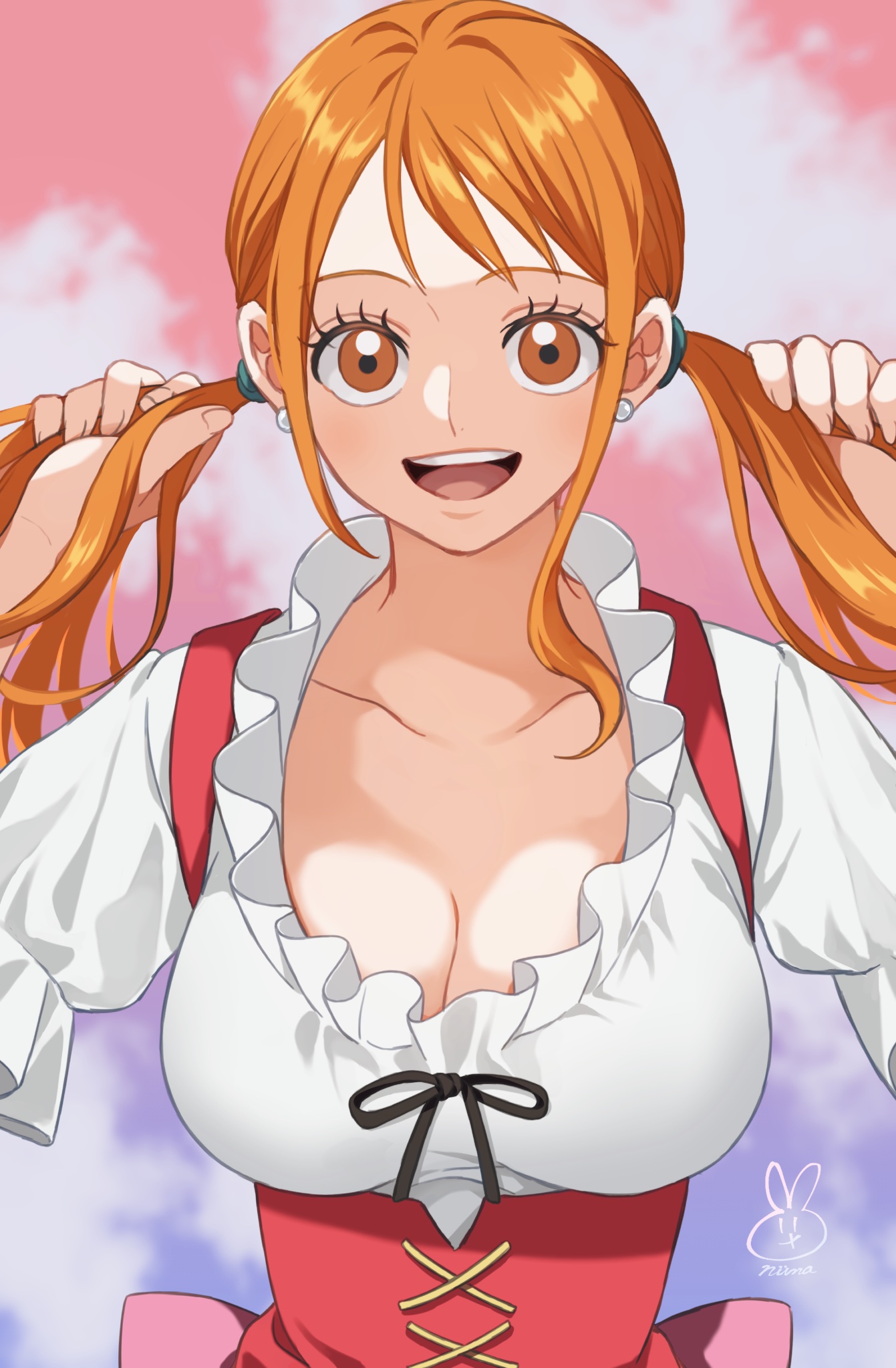 niina 1oo9, nami (one piece), one piece, hashtag-only commentary, highres, 1girl, back bow, bow, breasts, brown eyes, cleavage, collarbone, cross-laced clothes, cross-laced dress, dirndl, dress, earrings, eyelashes, frilled shirt, frills, german clothes, holding, holding own hair, jewelry, large breasts, light blush, long hair, looking at viewer, low twintails, official alternate costume, official alternate hairstyle, open mouth, orange hair, pearl earrings, pink bow, red dress, shirt, signature, single sidelock, solo, straight-on, teeth, twintails, upper body, upper teeth only, wavy hair, white shirt