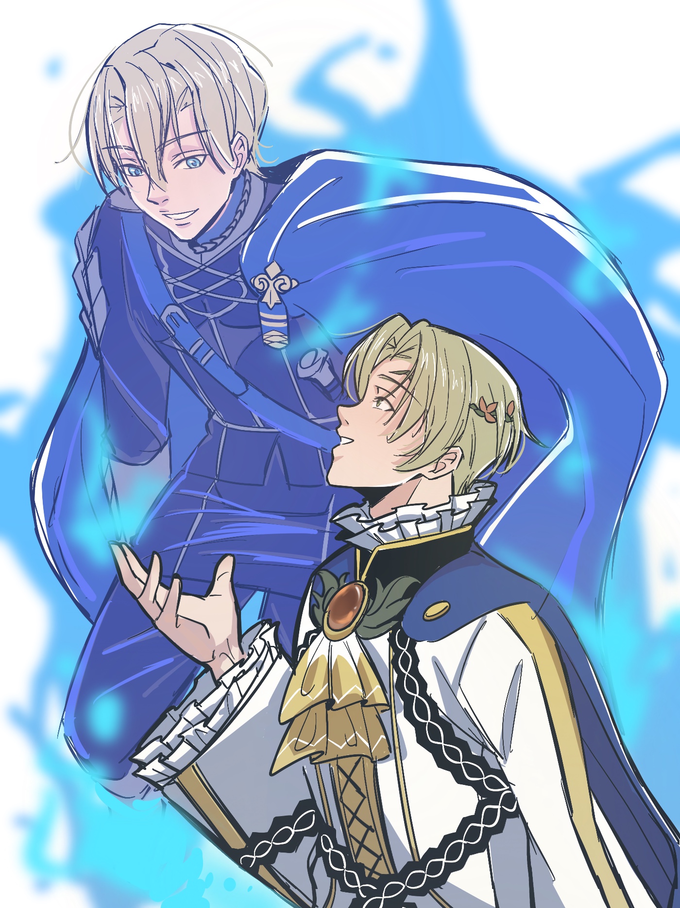 fumiko (290976767), alfred (fire emblem), dimitri alexandre blaiddyd, fire emblem, fire emblem: three houses, fire emblem engage, nintendo, highres, 2boys, ascot, aura, blonde hair, blue aura, blue cape, blue eyes, cape, flower, garreg mach monastery uniform, gloves, green eyes, hair between eyes, hair ornament, head wreath, long sleeves, male focus, multiple boys, open mouth, prince, shirt, short hair, side cape, smile, teeth, upper body, white shirt, yellow ascot