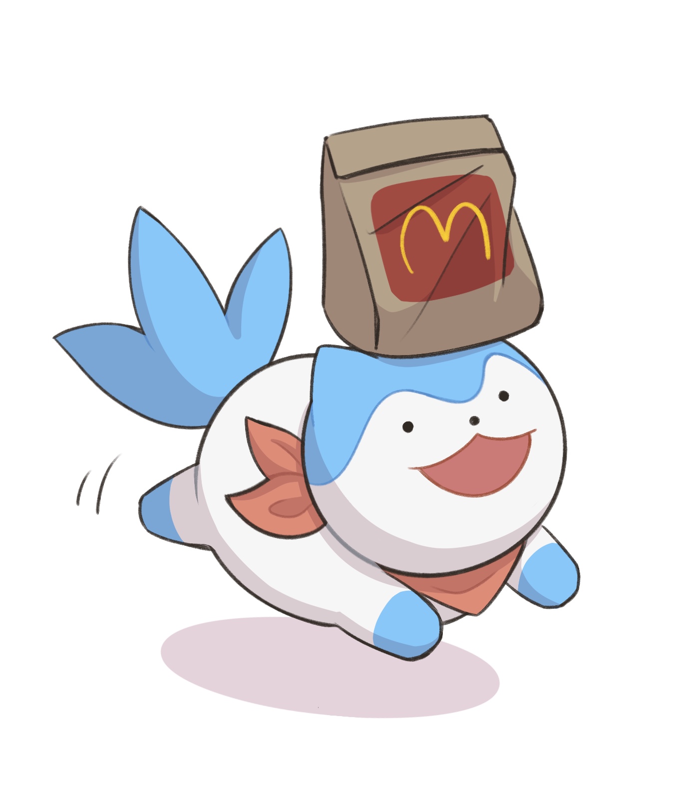 fumiko (290976767), sommie (fire emblem), fire emblem, fire emblem engage, mcdonald's, nintendo, highres, animal focus, bag, bandana, bandana around neck, blue fur, full body, no humans, open mouth, red bandana, simple background, smile, solo, tail, two-tone fur, white background