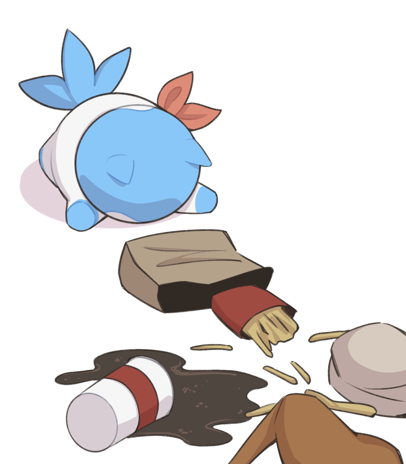 fumiko (290976767), sommie (fire emblem), fire emblem, fire emblem engage, mcdonald's, nintendo, highres, animal focus, bandana, bandana around neck, blue fur, burger, cup, disposable cup, fallen down, food, french fries, no humans, red bandana, spilled drink, tripping, two-tone fur, white fur